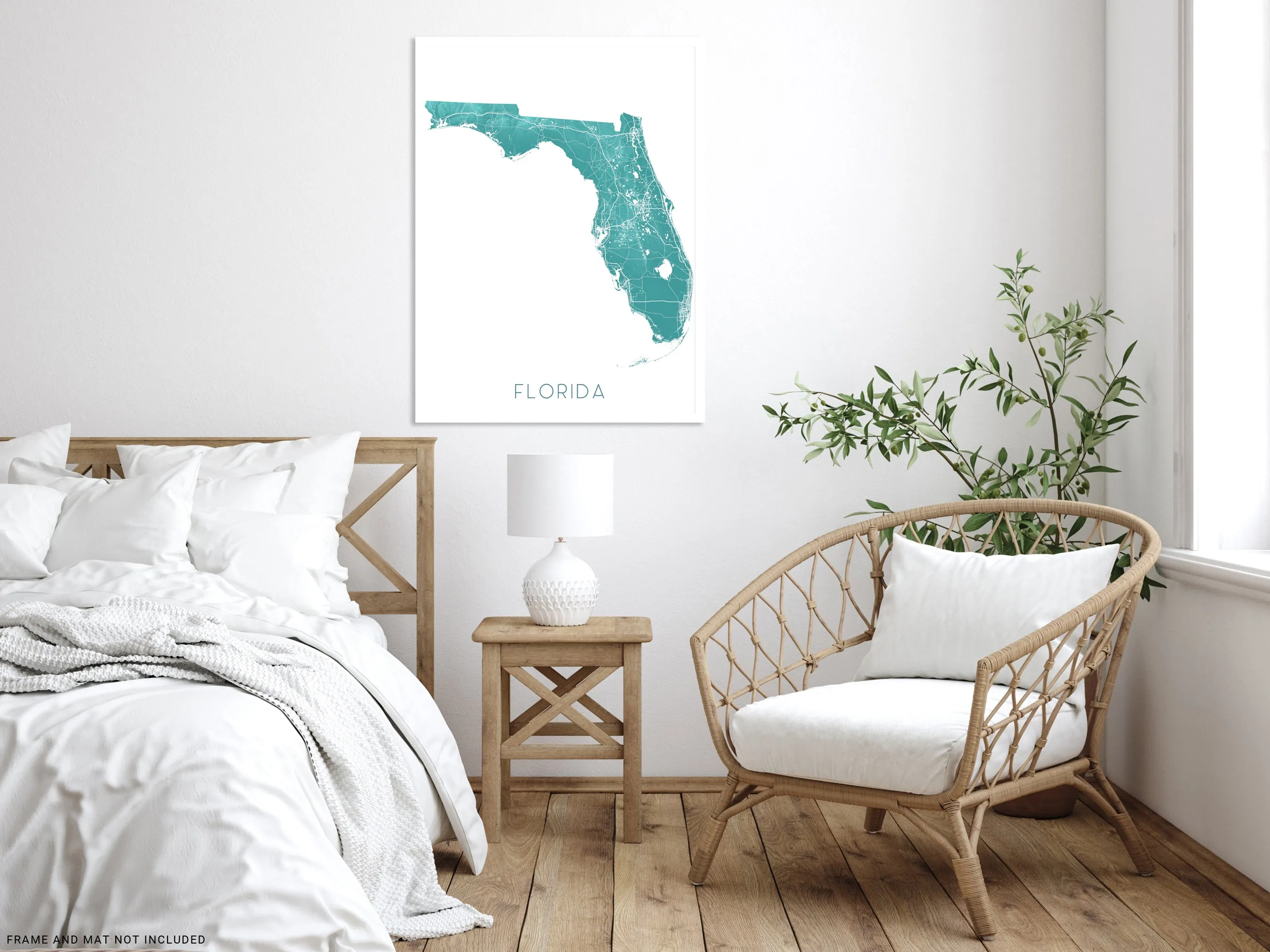 Florida Map Wall Art Print Poster, Turquoise Topographic FL State Road Maps, Keys Miami Key West Orlando