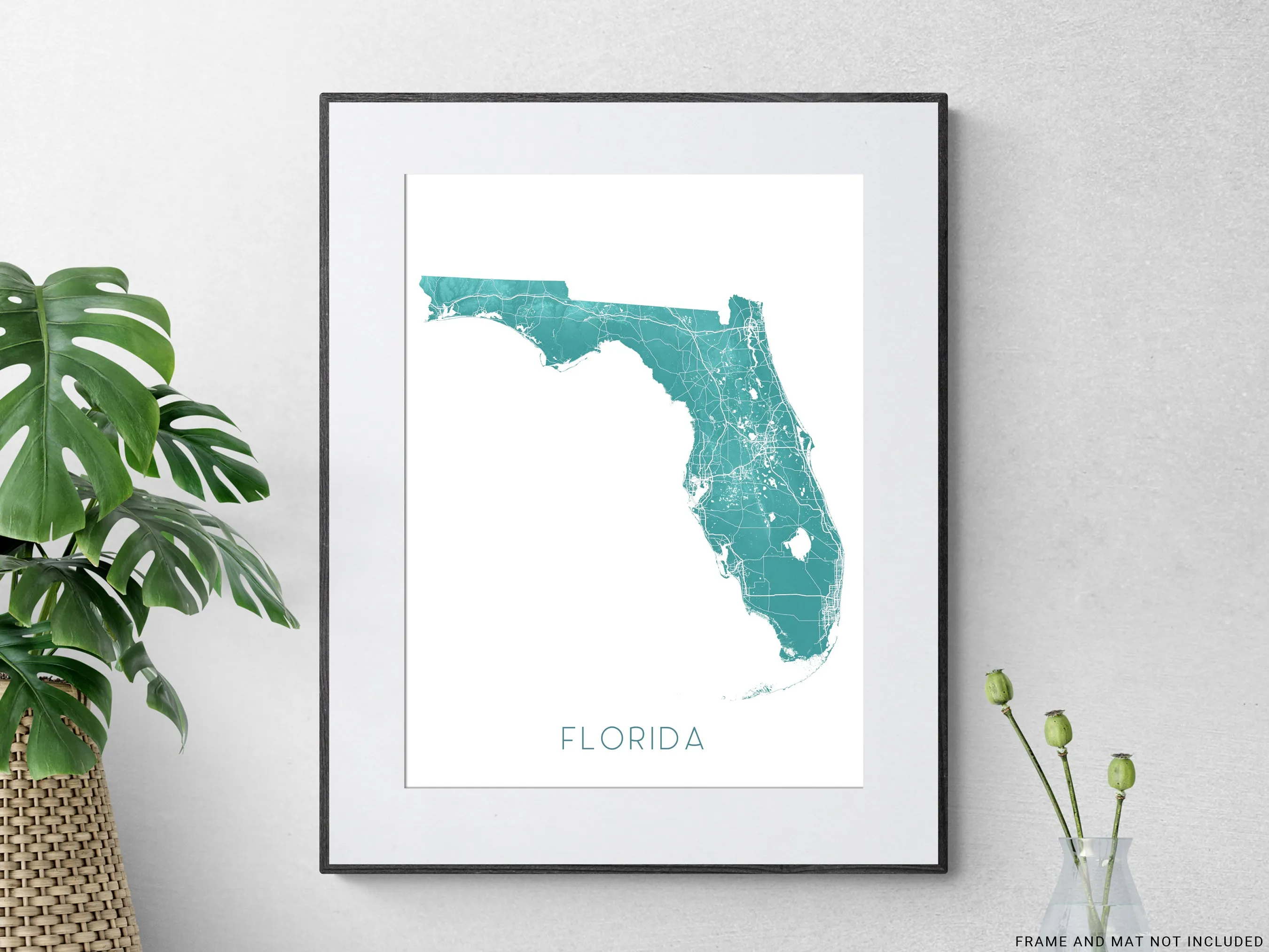 Florida Map Wall Art Print Poster, Turquoise Topographic FL State Road Maps, Keys Miami Key West Orlando