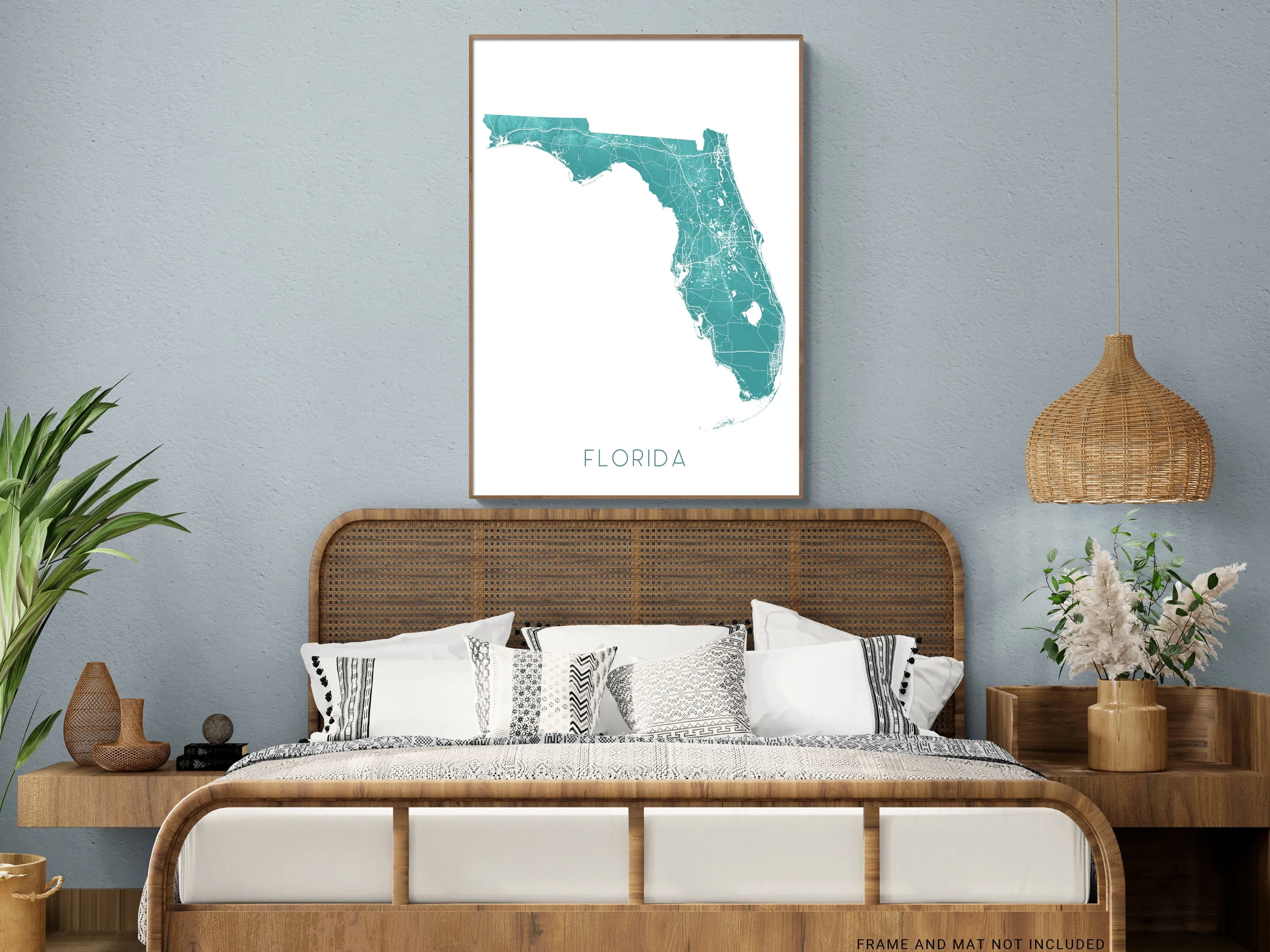 Florida Map Wall Art Print Poster, Turquoise Topographic FL State Road Maps, Keys Miami Key West Orlando