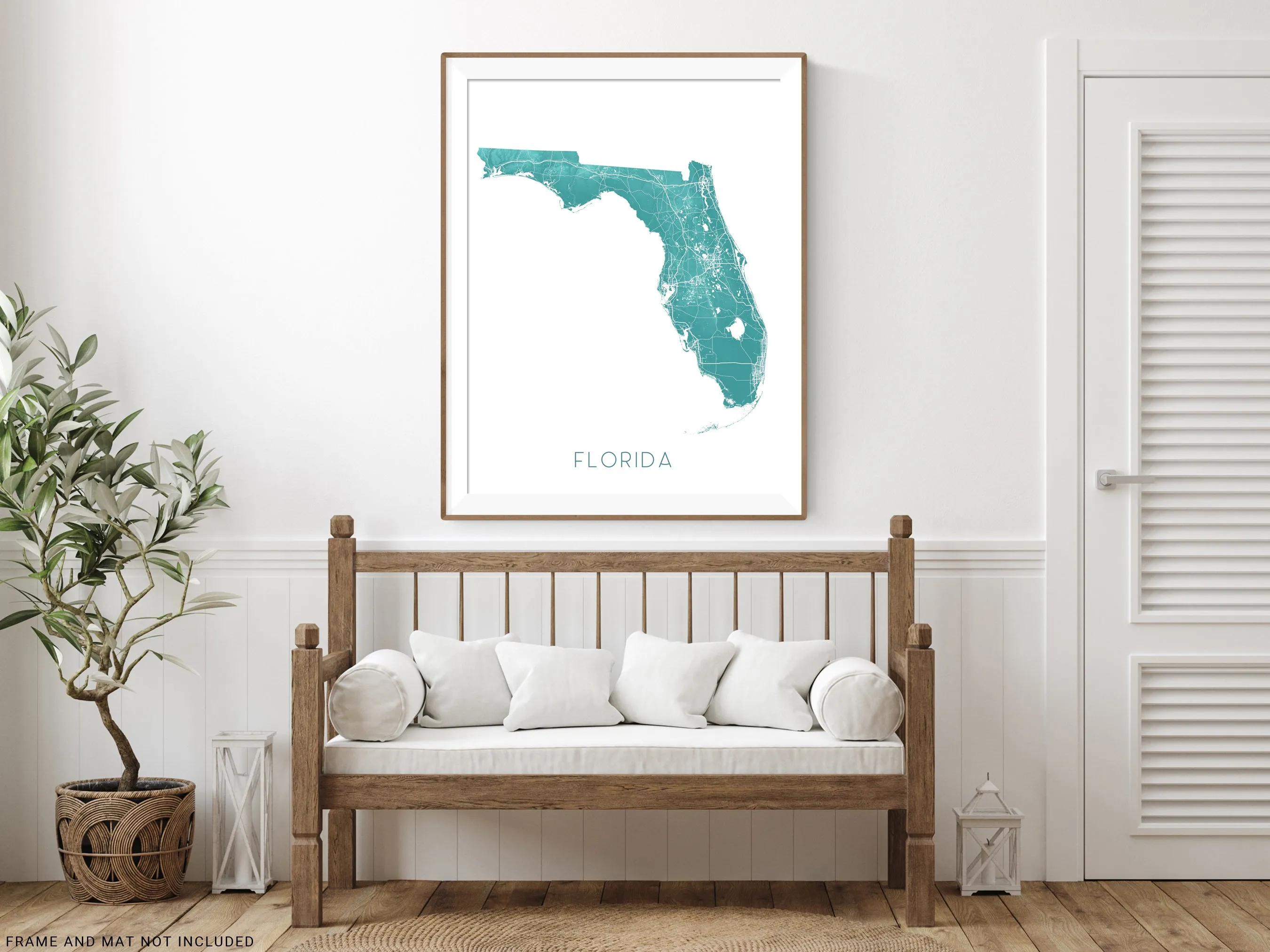 Florida Map Wall Art Print Poster, Turquoise Topographic FL State Road Maps, Keys Miami Key West Orlando
