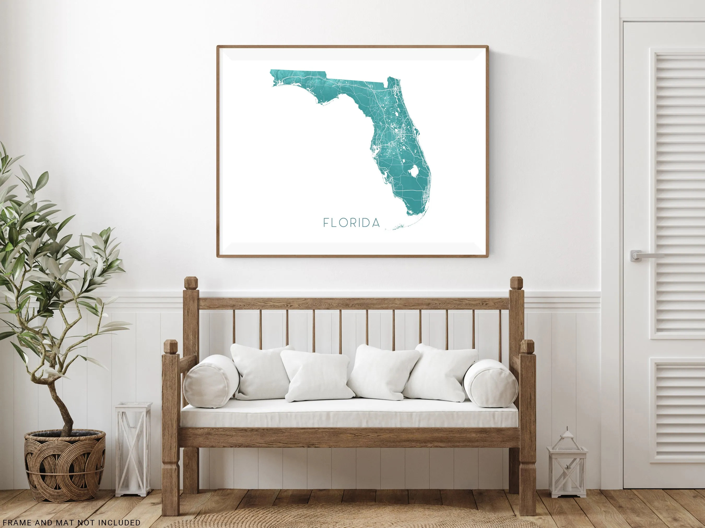 Florida Map Wall Art Print Poster, Turquoise Topographic FL State Road Maps, Keys Miami Key West Orlando