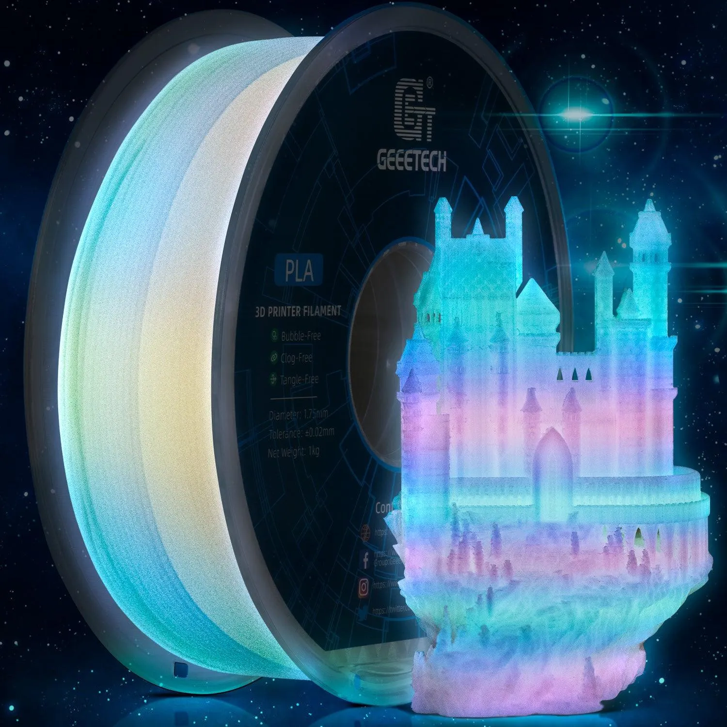 Geeetech 1kg 1.75mm Glow in the dark Green PLA 3D Printer Filament Great for Halloween Night Lights Cosplay
