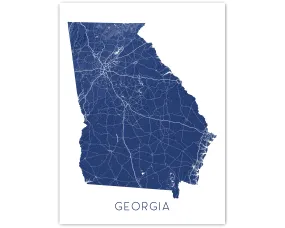 Georgia State Wall Art Map Print Poster- Topographic GA Map of Georgia Road Maps, Atlanta