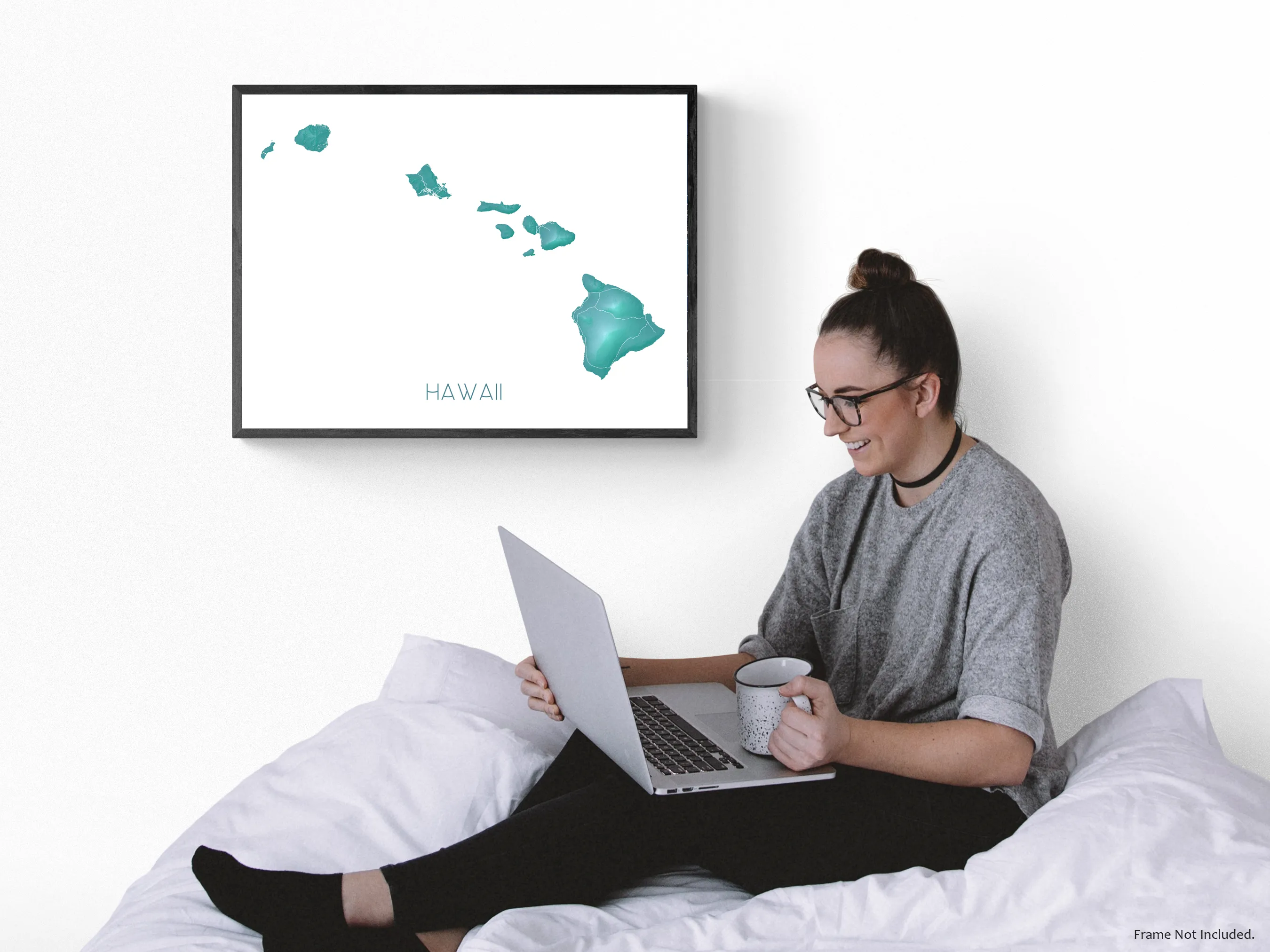 Hawaii Map Print, Hawaiian Islands Wall Art Poster, Maui, Oahu, Kauai, Turquoise