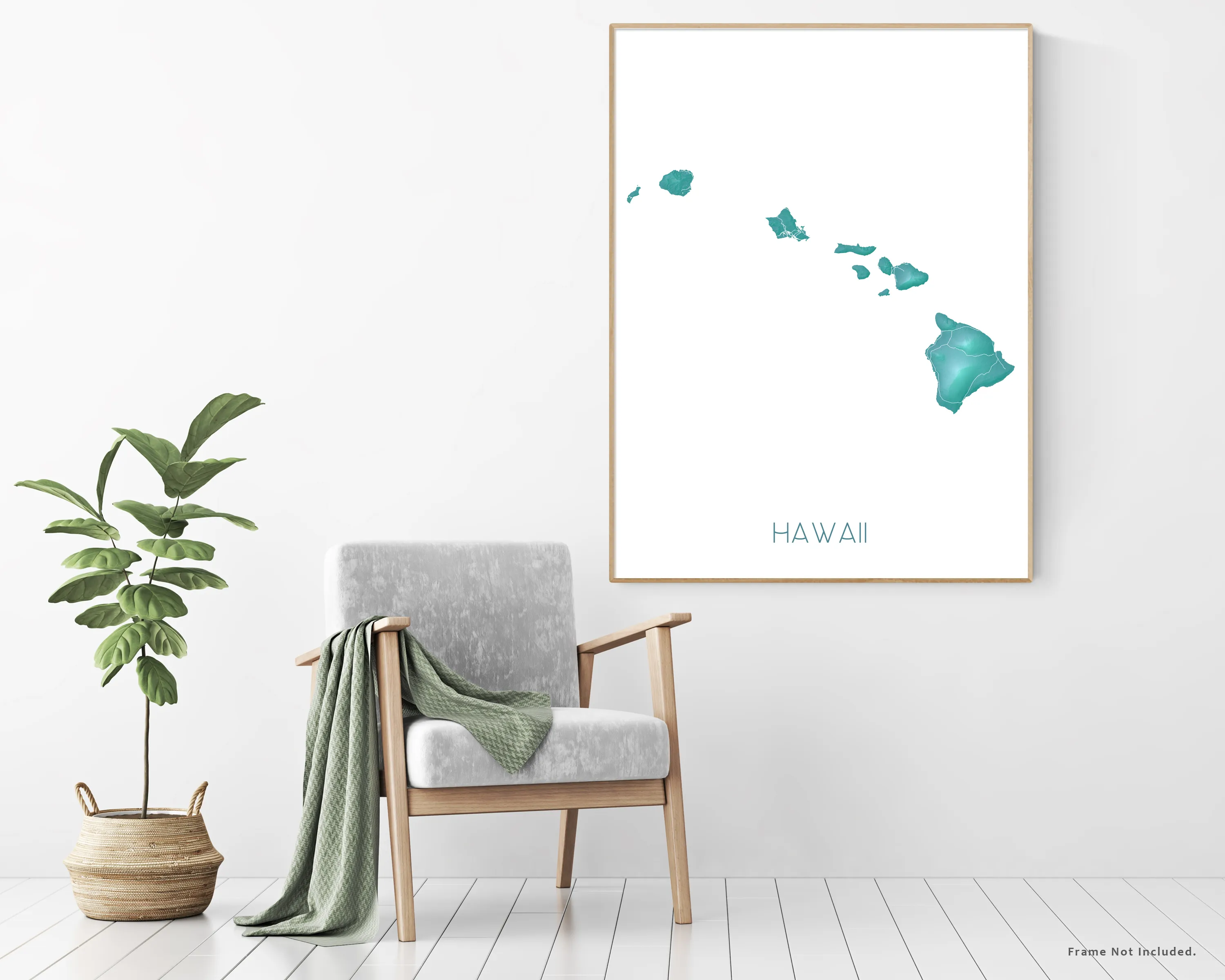 Hawaii Map Print, Hawaiian Islands Wall Art Poster, Maui, Oahu, Kauai, Turquoise