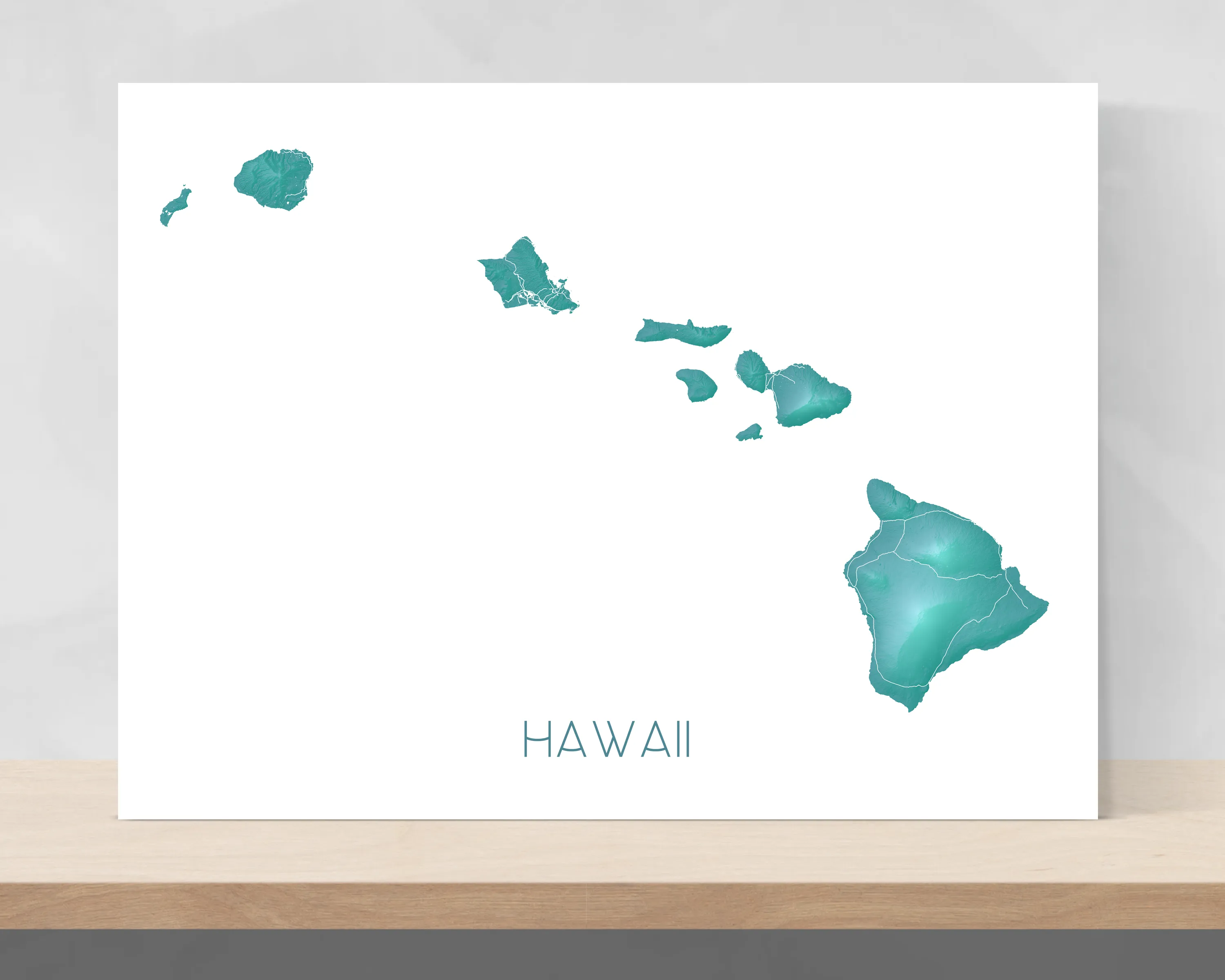 Hawaii Map Print, Hawaiian Islands Wall Art Poster, Maui, Oahu, Kauai, Turquoise