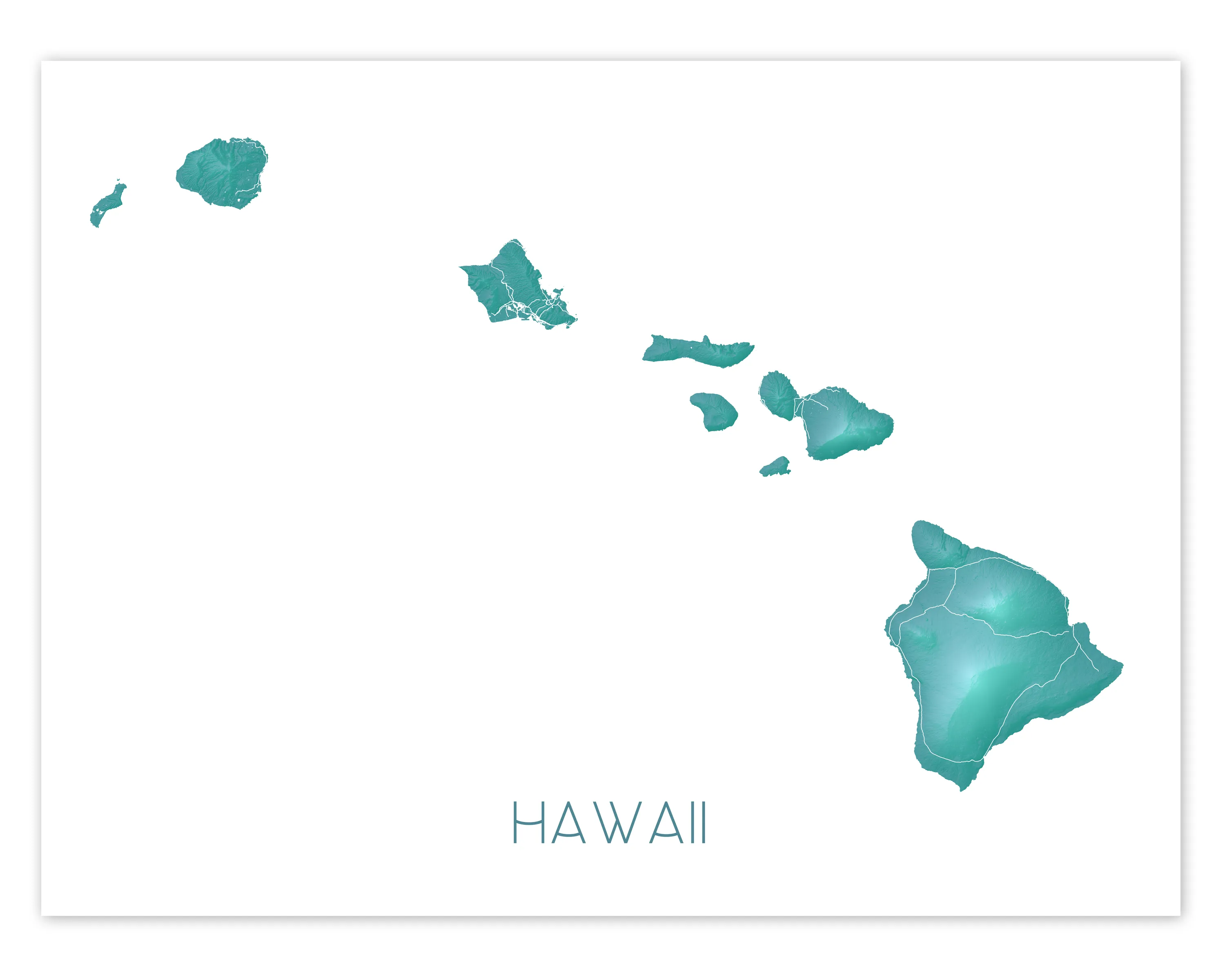 Hawaii Map Print, Hawaiian Islands Wall Art Poster, Maui, Oahu, Kauai, Turquoise