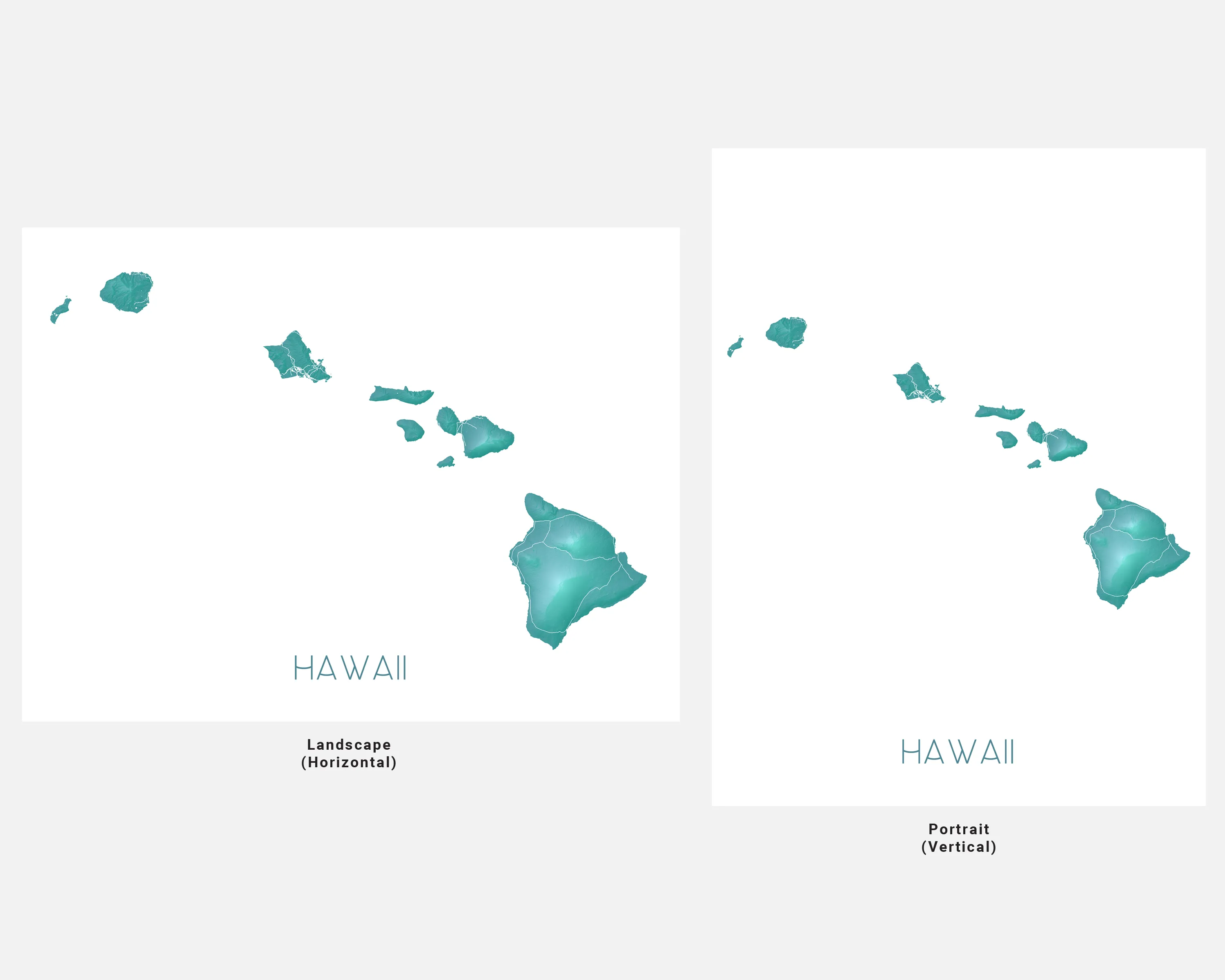 Hawaii Map Print, Hawaiian Islands Wall Art Poster, Maui, Oahu, Kauai, Turquoise
