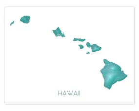 Hawaii Map Print, Hawaiian Islands Wall Art Poster, Maui, Oahu, Kauai, Turquoise