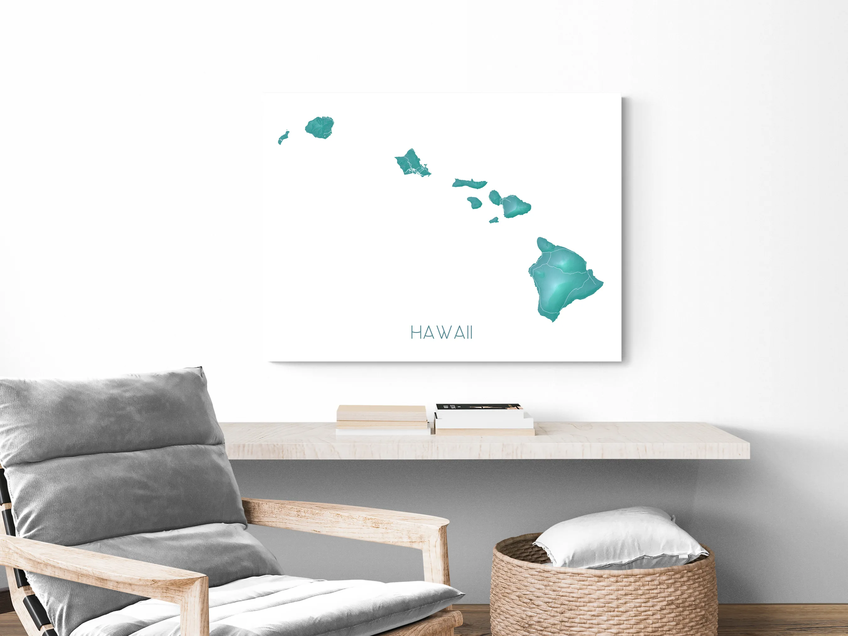 Hawaii Map Print, Hawaiian Islands Wall Art Poster, Maui, Oahu, Kauai, Turquoise