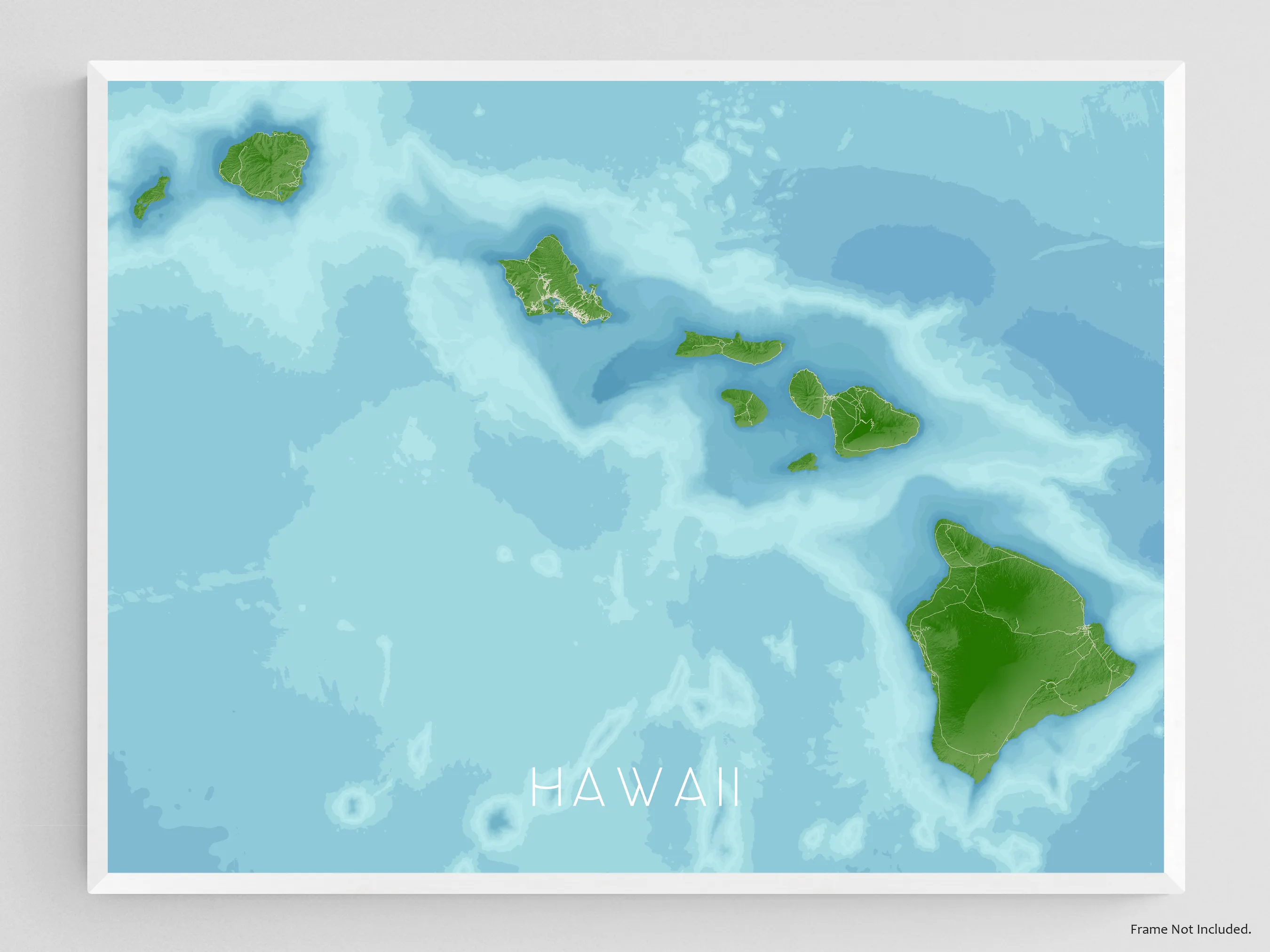 Hawaii Map Print Poster, Tropical 3D Topographic Hawaiian Islands Decor, Oahu Maui Kauai
