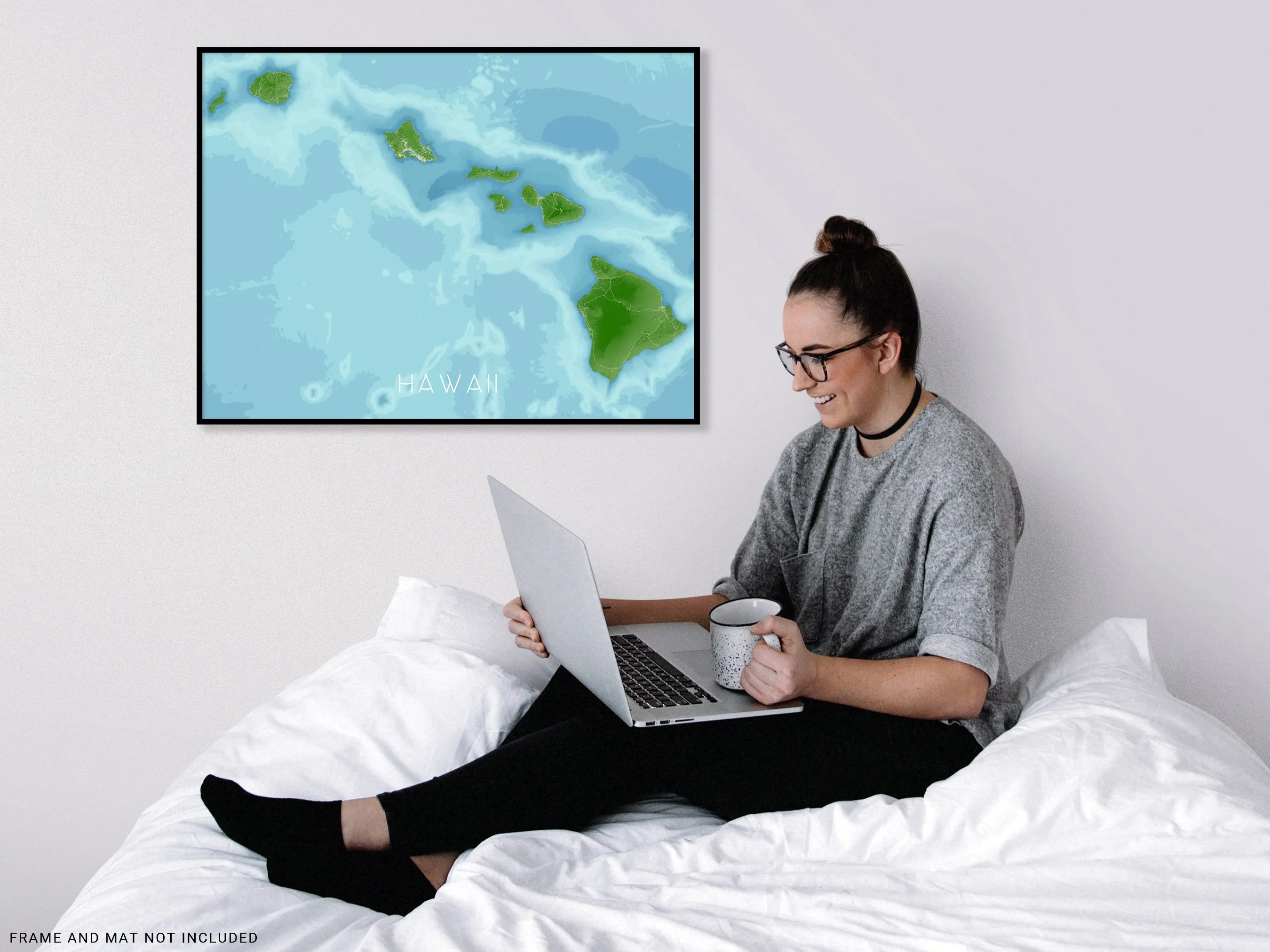 Hawaii Map Print Poster, Tropical 3D Topographic Hawaiian Islands Decor, Oahu Maui Kauai