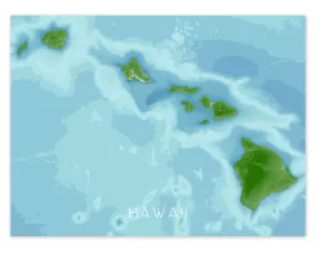 Hawaii Map Print Poster, Tropical 3D Topographic Hawaiian Islands Decor, Oahu Maui Kauai