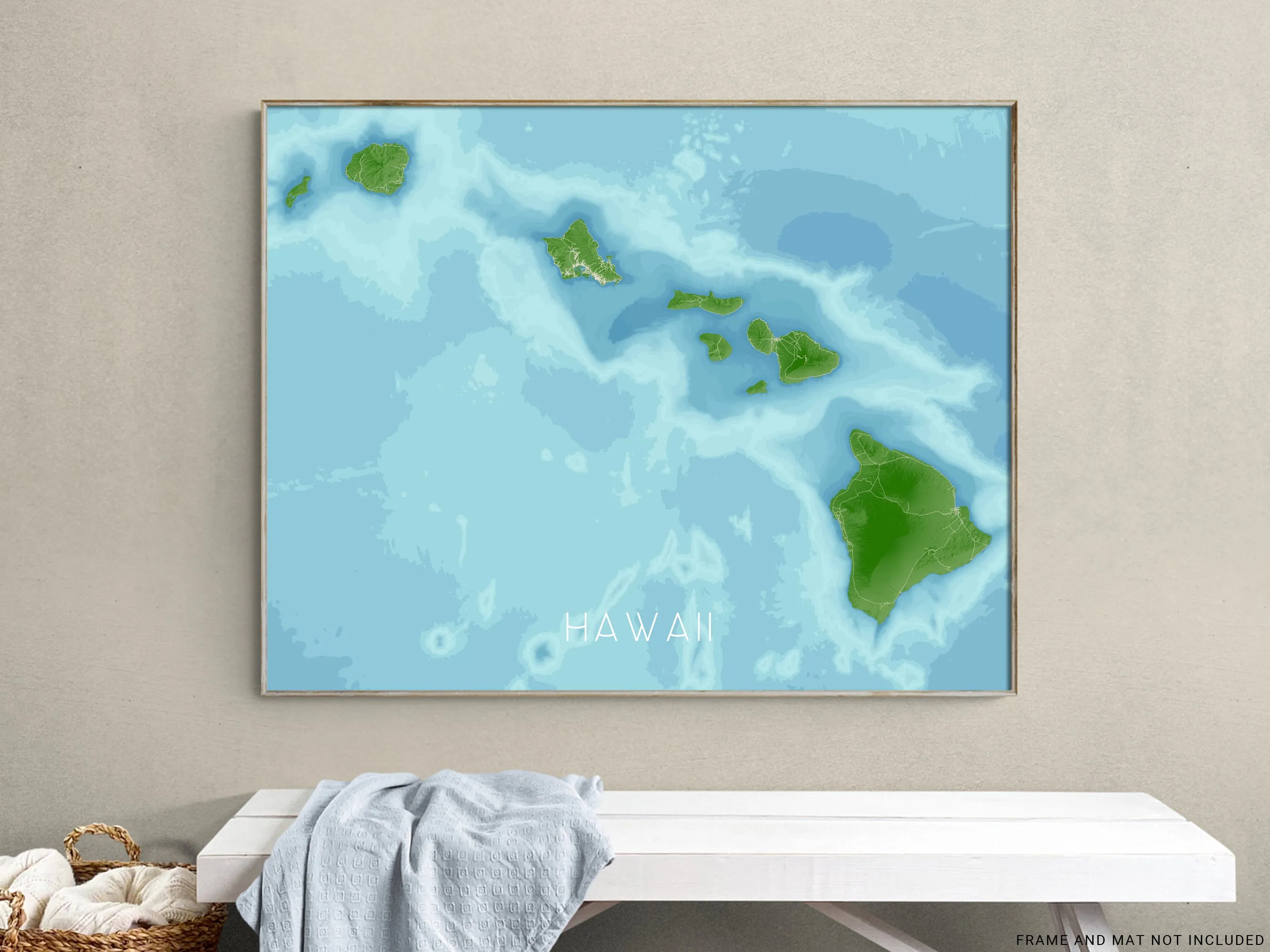 Hawaii Map Print Poster, Tropical 3D Topographic Hawaiian Islands Decor, Oahu Maui Kauai