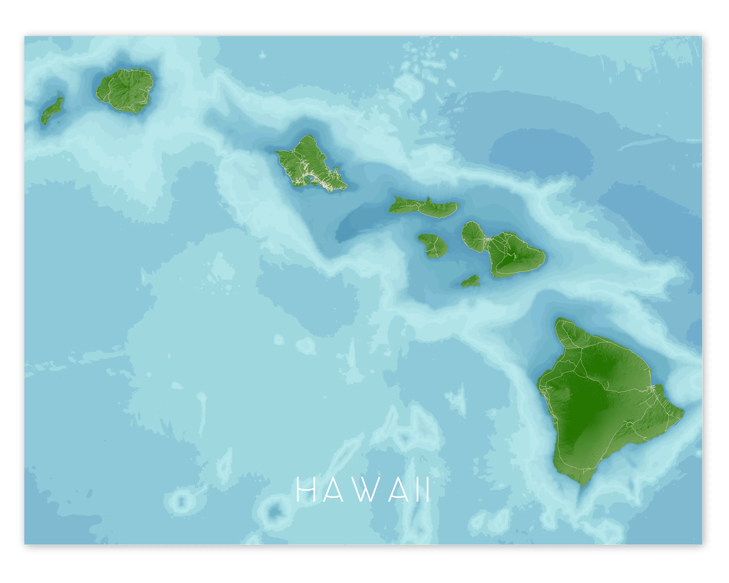 Hawaii Map Print Poster, Tropical 3D Topographic Hawaiian Islands Decor, Oahu Maui Kauai
