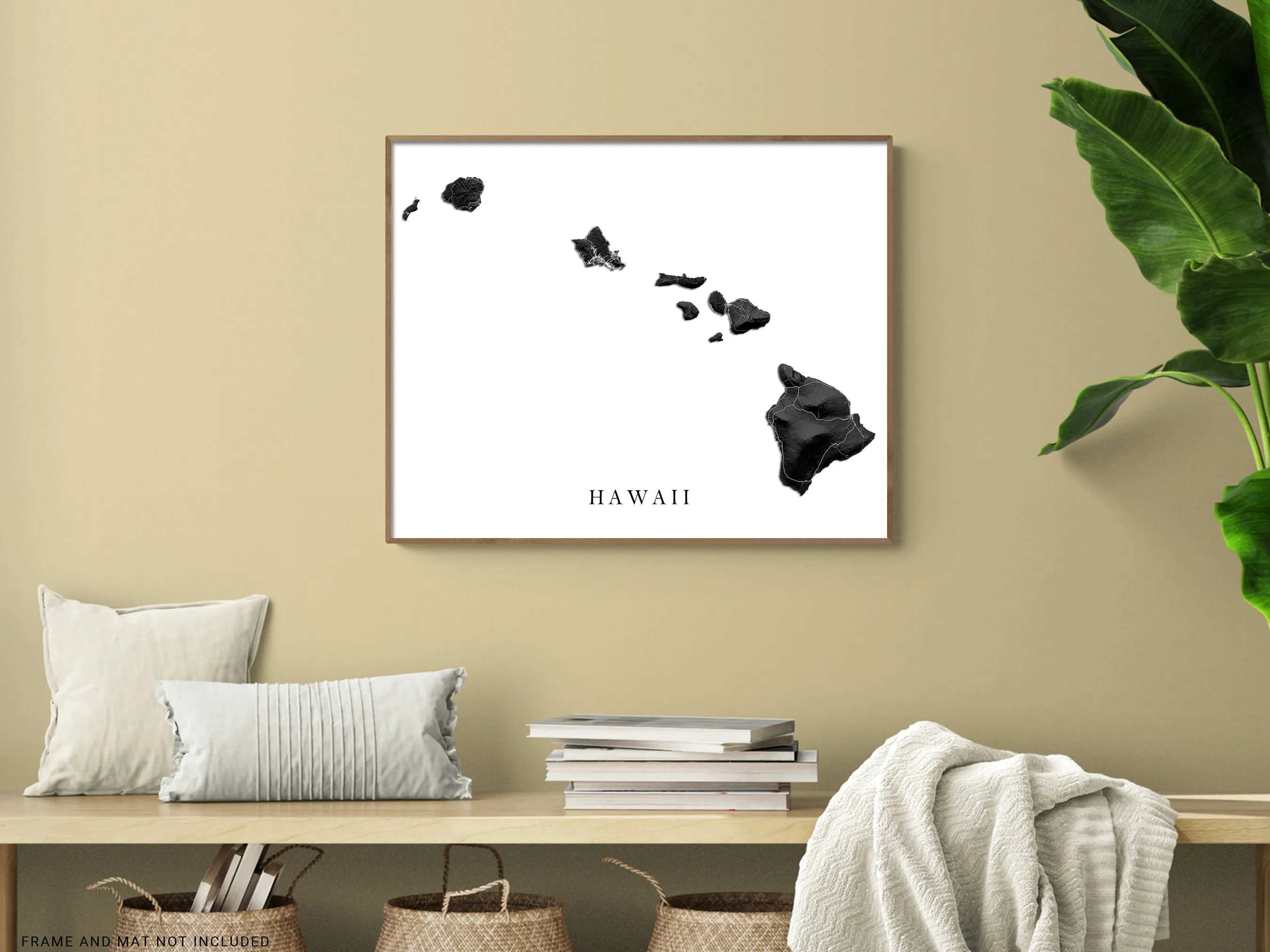Hawaii Map Wall Art Print Poster, Black and White Topographic Hawaiian Islands, Maui Oahu Kauai