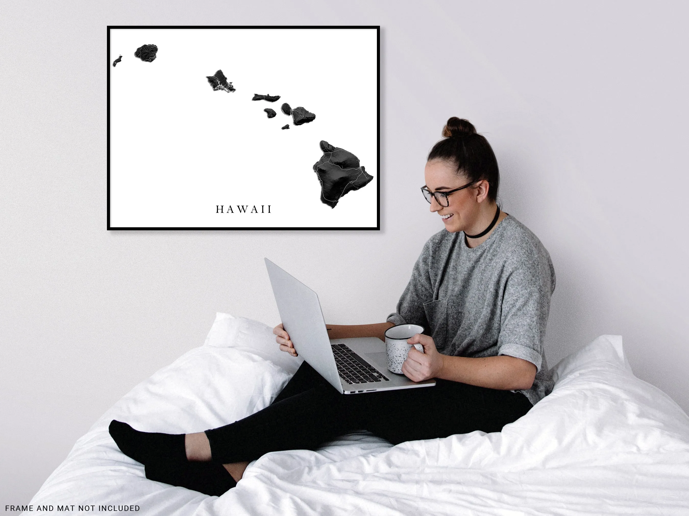 Hawaii Map Wall Art Print Poster, Black and White Topographic Hawaiian Islands, Maui Oahu Kauai