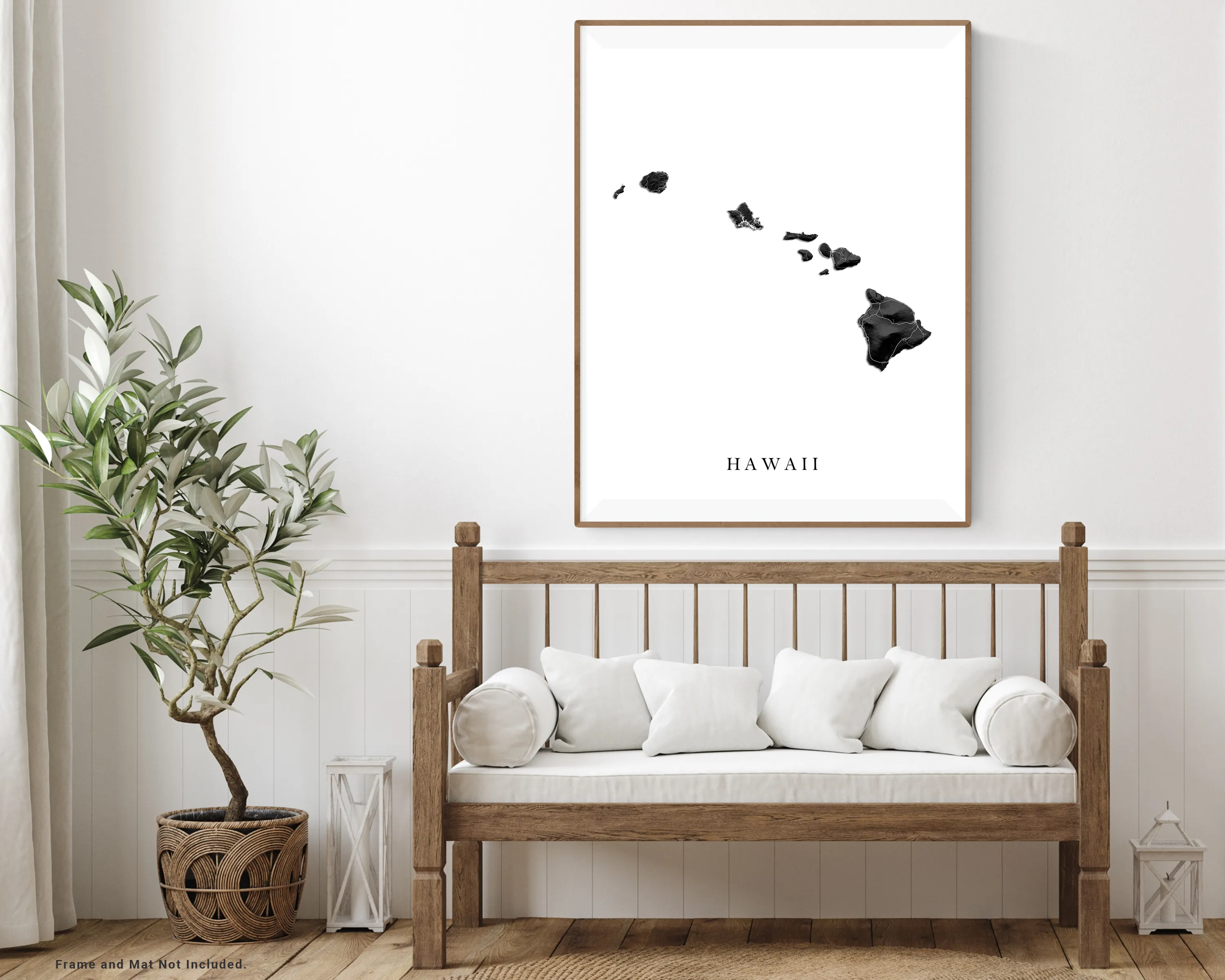 Hawaii Map Wall Art Print Poster, Black and White Topographic Hawaiian Islands, Maui Oahu Kauai