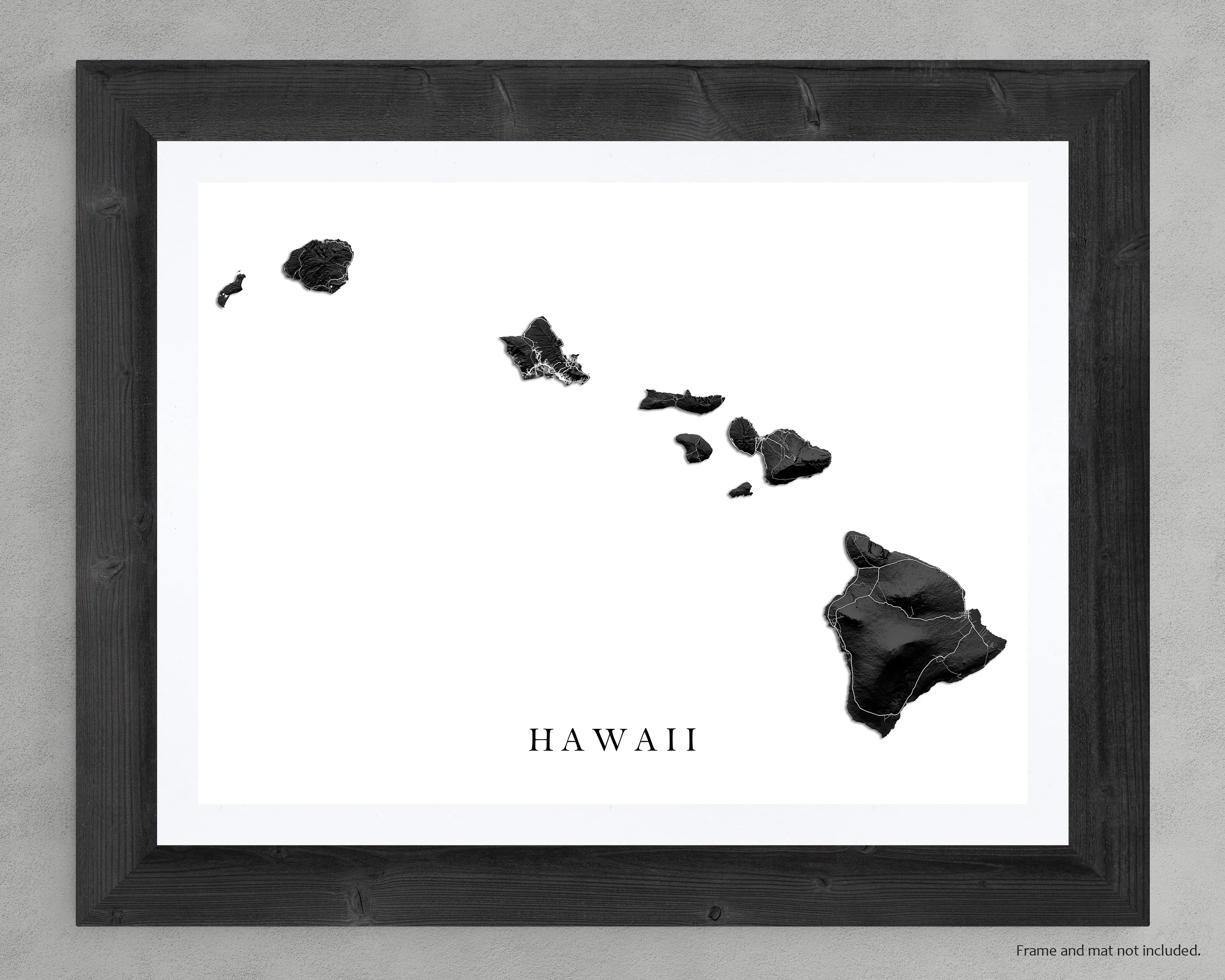 Hawaii Map Wall Art Print Poster, Black and White Topographic Hawaiian Islands, Maui Oahu Kauai
