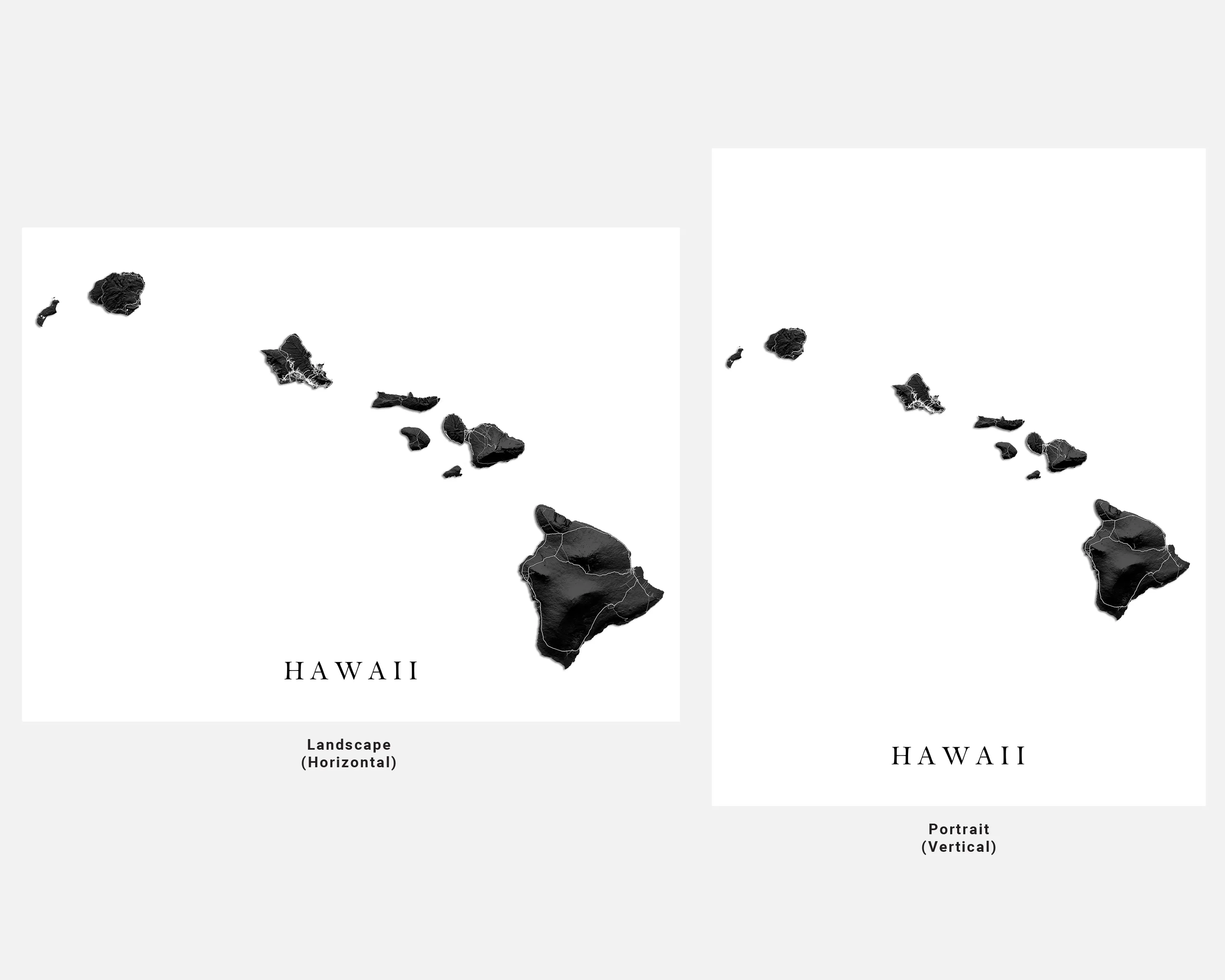 Hawaii Map Wall Art Print Poster, Black and White Topographic Hawaiian Islands, Maui Oahu Kauai