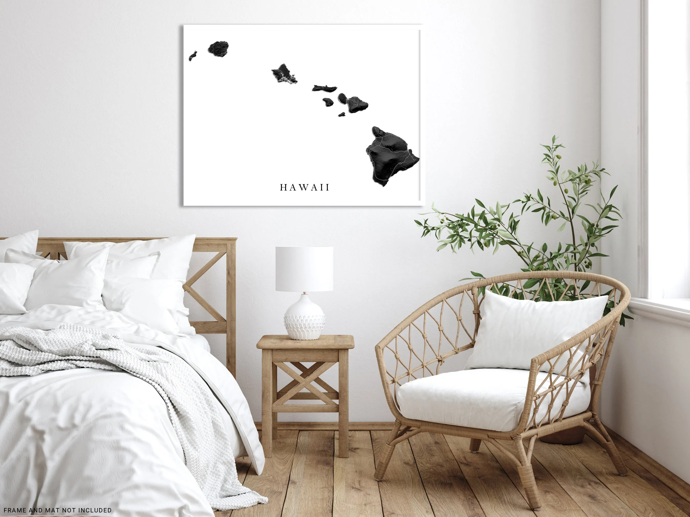 Hawaii Map Wall Art Print Poster, Black and White Topographic Hawaiian Islands, Maui Oahu Kauai