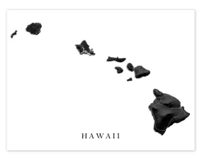 Hawaii Map Wall Art Print Poster, Black and White Topographic Hawaiian Islands, Maui Oahu Kauai