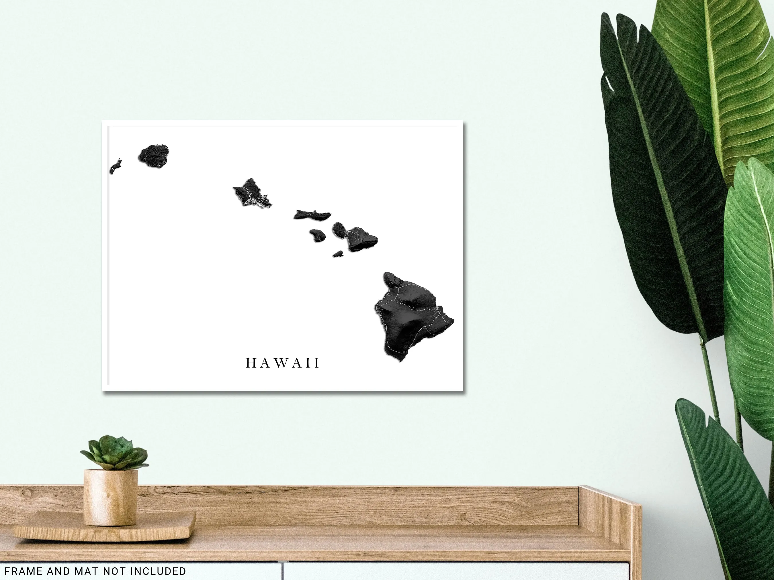 Hawaii Map Wall Art Print Poster, Black and White Topographic Hawaiian Islands, Maui Oahu Kauai