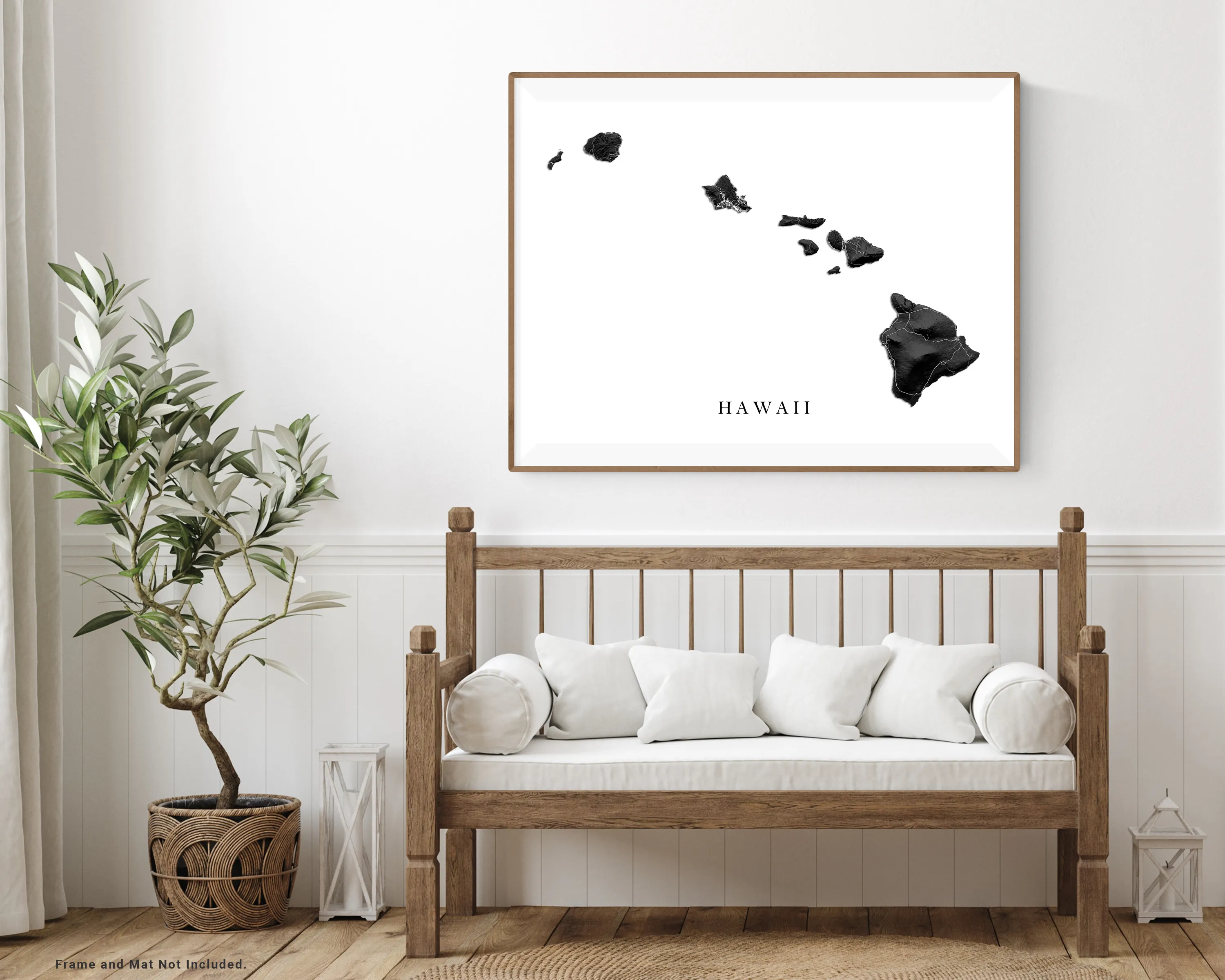 Hawaii Map Wall Art Print Poster, Black and White Topographic Hawaiian Islands, Maui Oahu Kauai