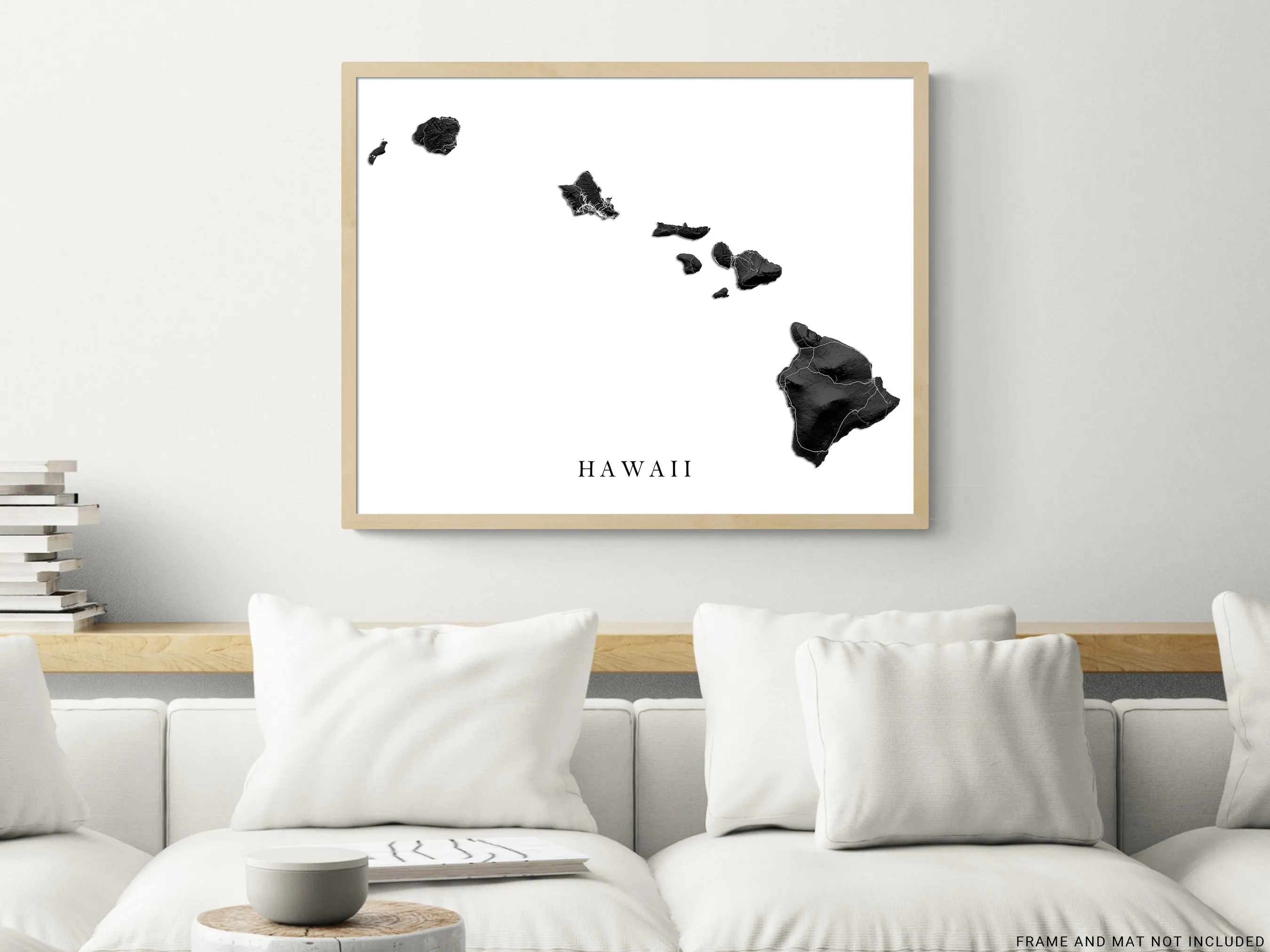 Hawaii Map Wall Art Print Poster, Black and White Topographic Hawaiian Islands, Maui Oahu Kauai