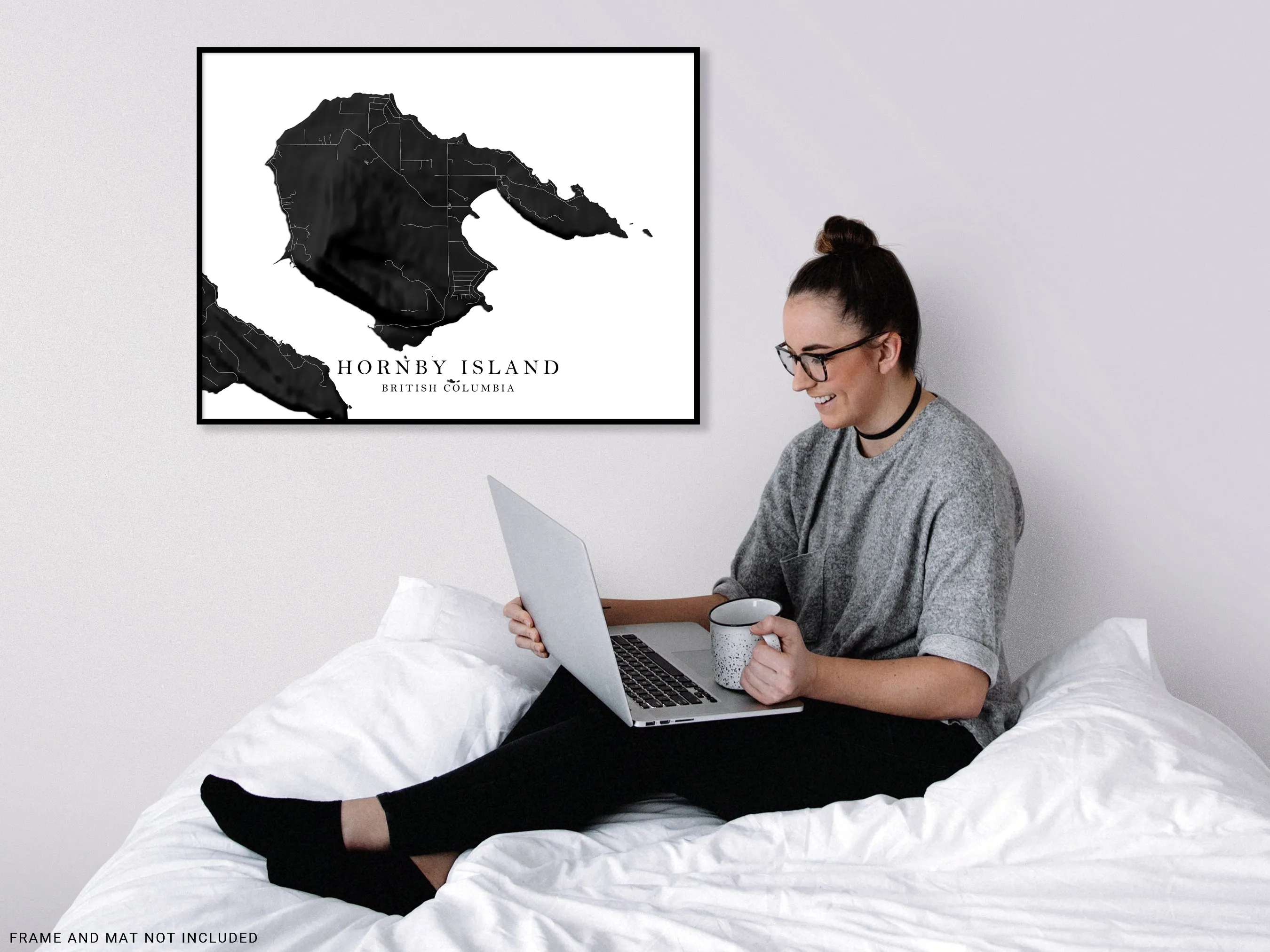 Hornby Island Map Wall Art Print Poster, Black and White Topographic BC Canada, Gulf Islands Street Maps