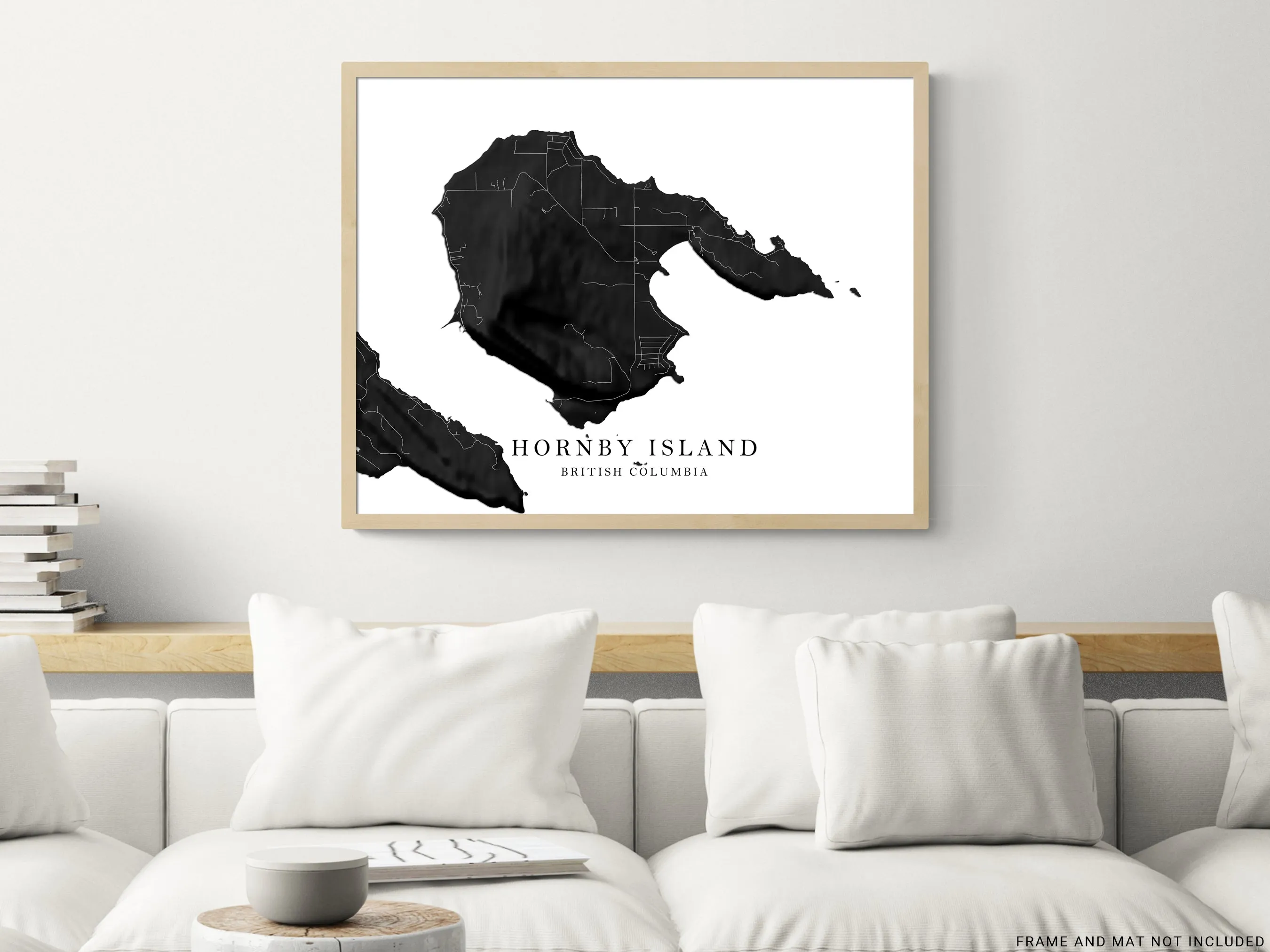 Hornby Island Map Wall Art Print Poster, Black and White Topographic BC Canada, Gulf Islands Street Maps