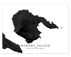 Hornby Island Map Wall Art Print Poster, Black and White Topographic BC Canada, Gulf Islands Street Maps