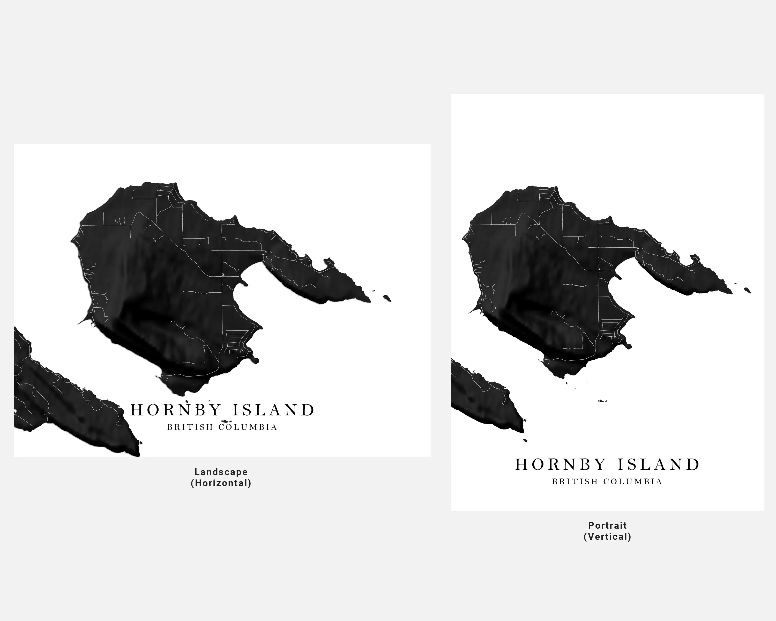 Hornby Island Map Wall Art Print Poster, Black and White Topographic BC Canada, Gulf Islands Street Maps