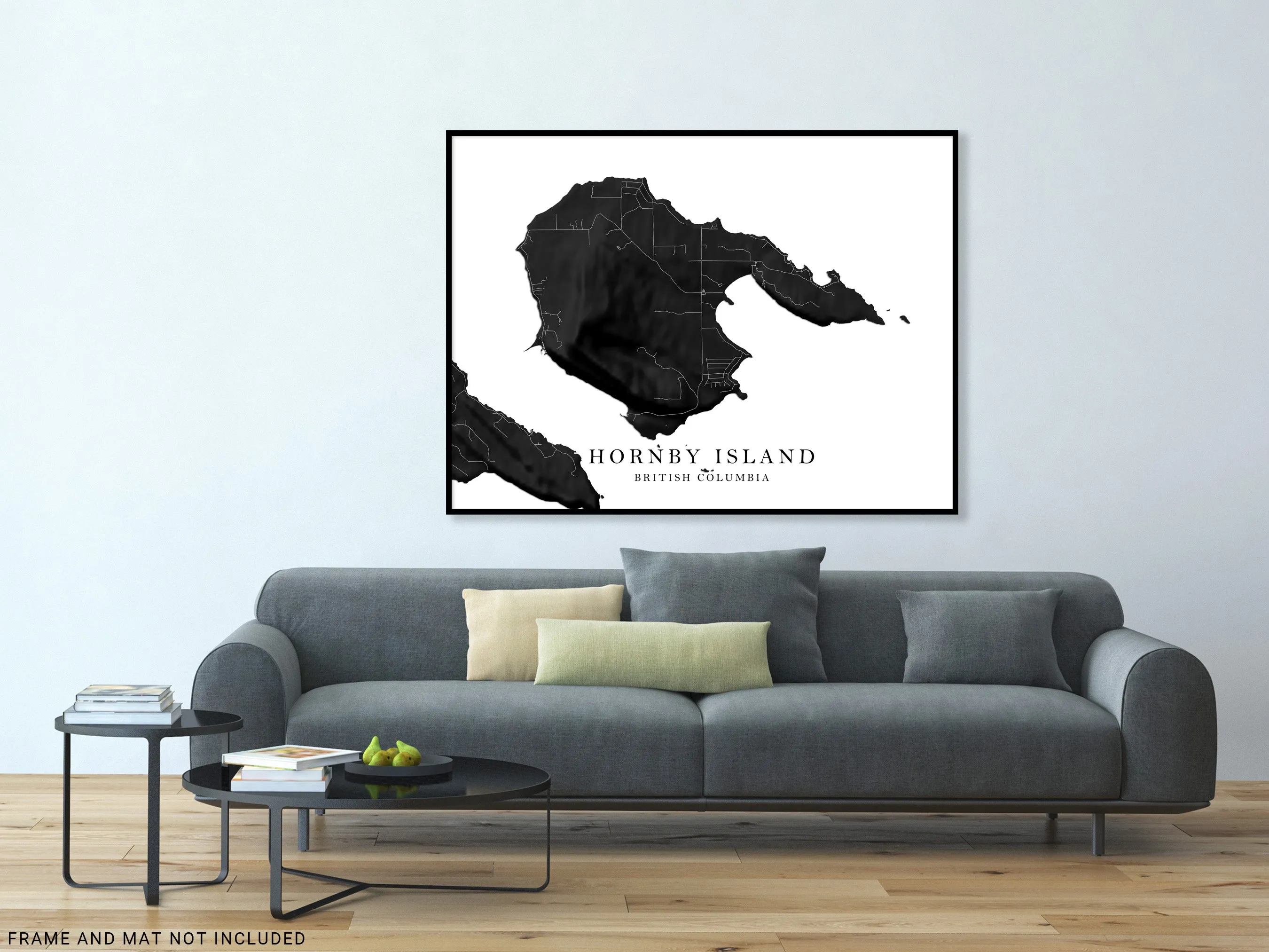 Hornby Island Map Wall Art Print Poster, Black and White Topographic BC Canada, Gulf Islands Street Maps