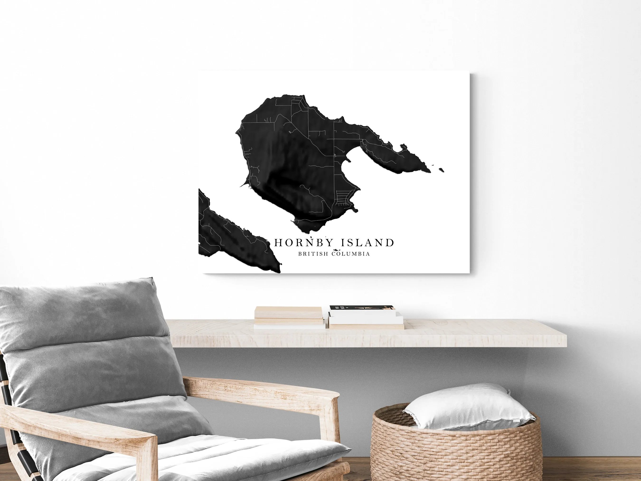 Hornby Island Map Wall Art Print Poster, Black and White Topographic BC Canada, Gulf Islands Street Maps