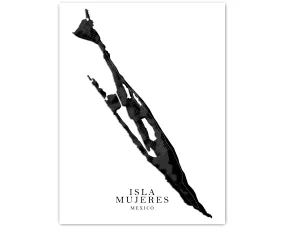 Isla Mujeres Map Print Poster, Black and White Yucatan Mexico, Caribbean Islands Wall Art Prints Maps
