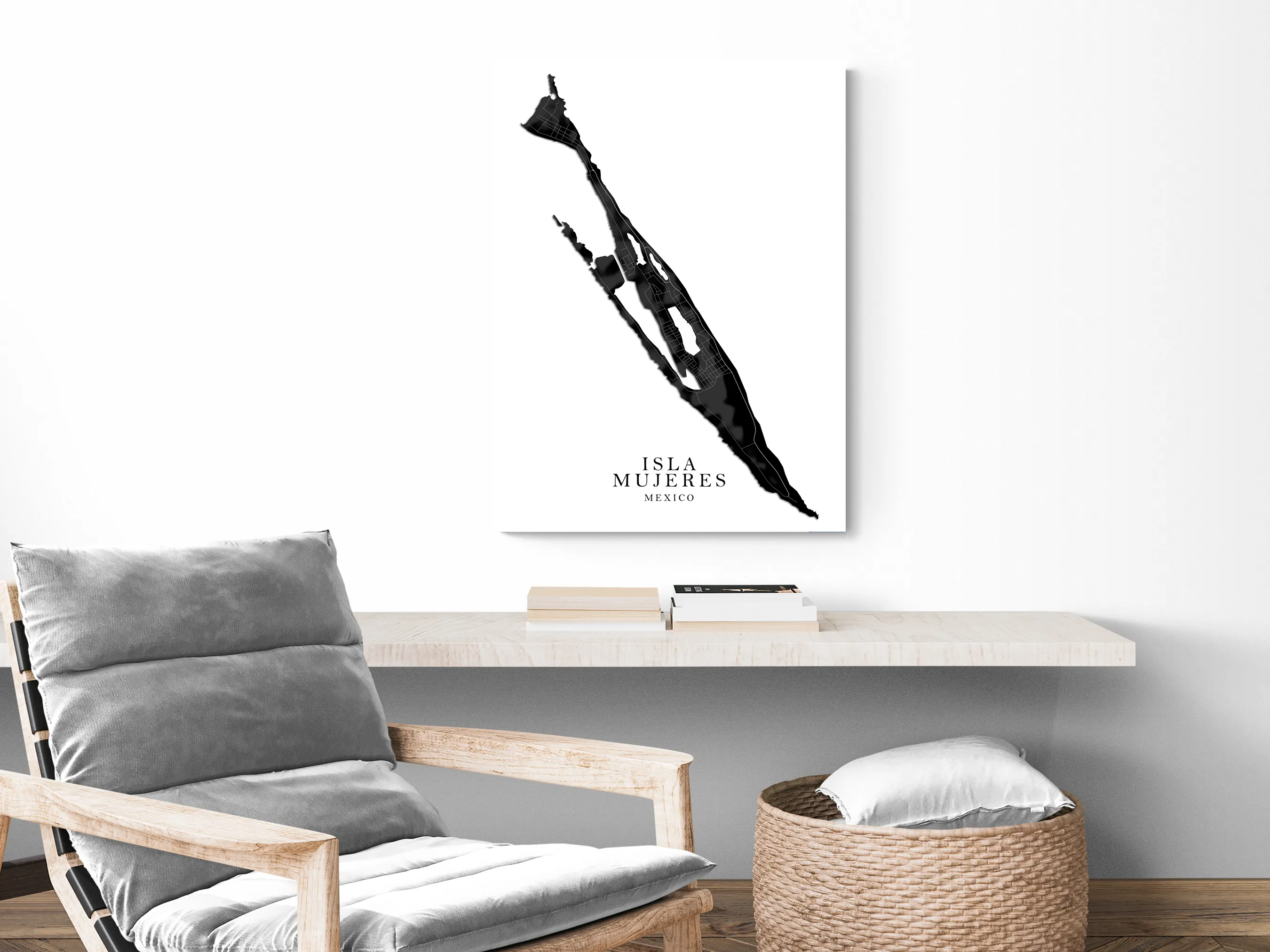 Isla Mujeres Map Print Poster, Black and White Yucatan Mexico, Caribbean Islands Wall Art Prints Maps