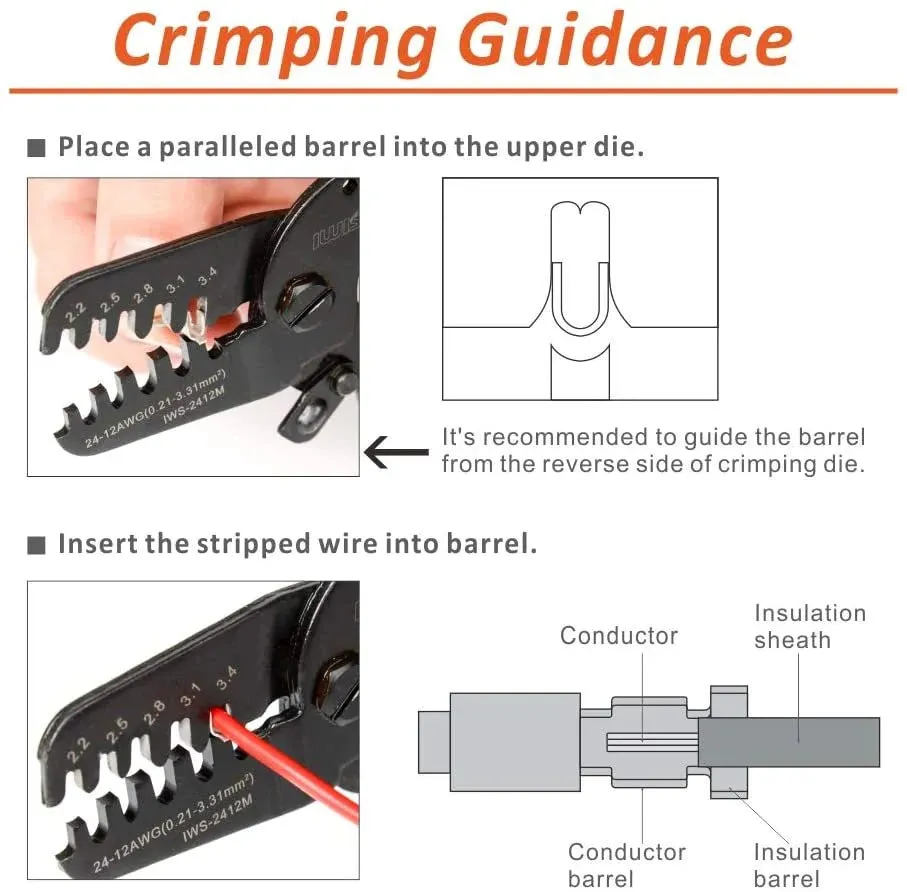 IWS-2412M Open Barrel Crimping Tools Works on AWG24-12 JAM, Molex, Tyco, JST Terminals