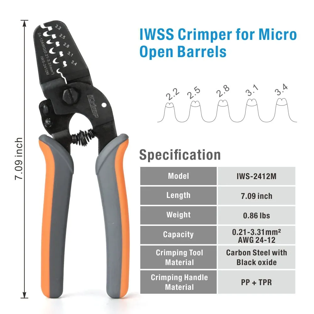 IWS-2412M Open Barrel Crimping Tools Works on AWG24-12 JAM, Molex, Tyco, JST Terminals