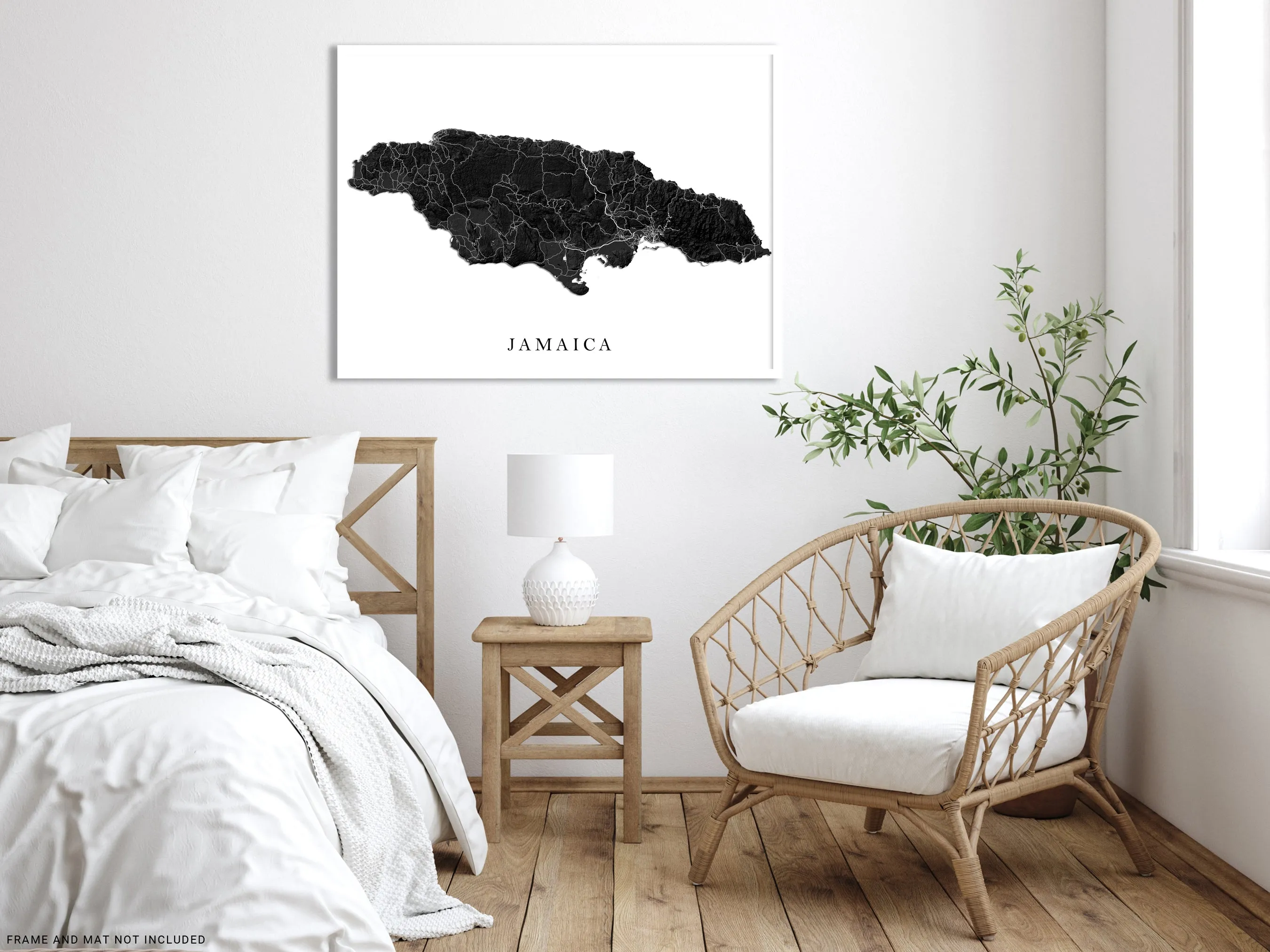 Jamaica Map Print Poster, Black and White Caribbean Island Wall Art Prints, Negril Kingston Ocho Rios Montego Bay