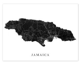 Jamaica Map Print Poster, Black and White Caribbean Island Wall Art Prints, Negril Kingston Ocho Rios Montego Bay