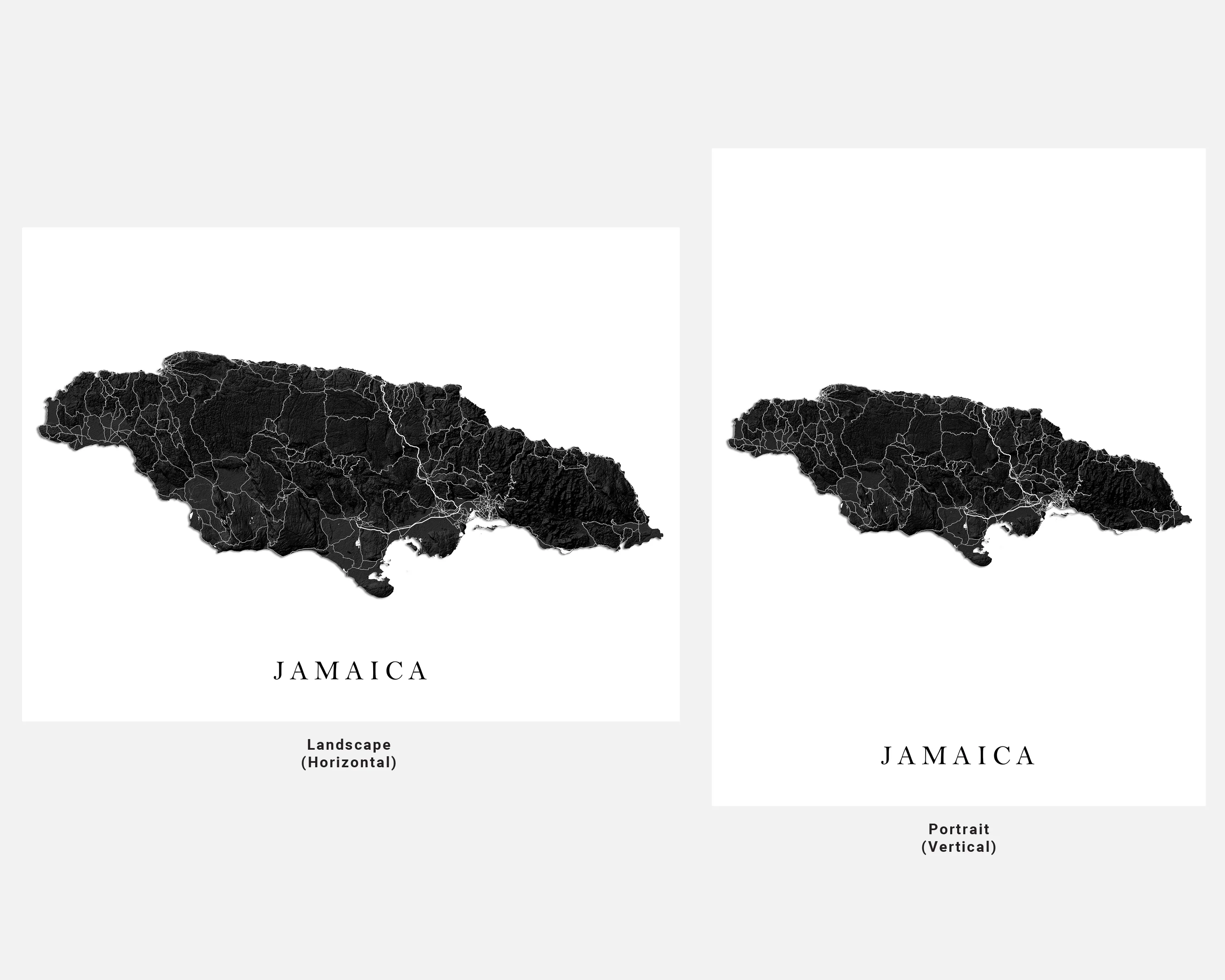 Jamaica Map Print Poster, Black and White Caribbean Island Wall Art Prints, Negril Kingston Ocho Rios Montego Bay