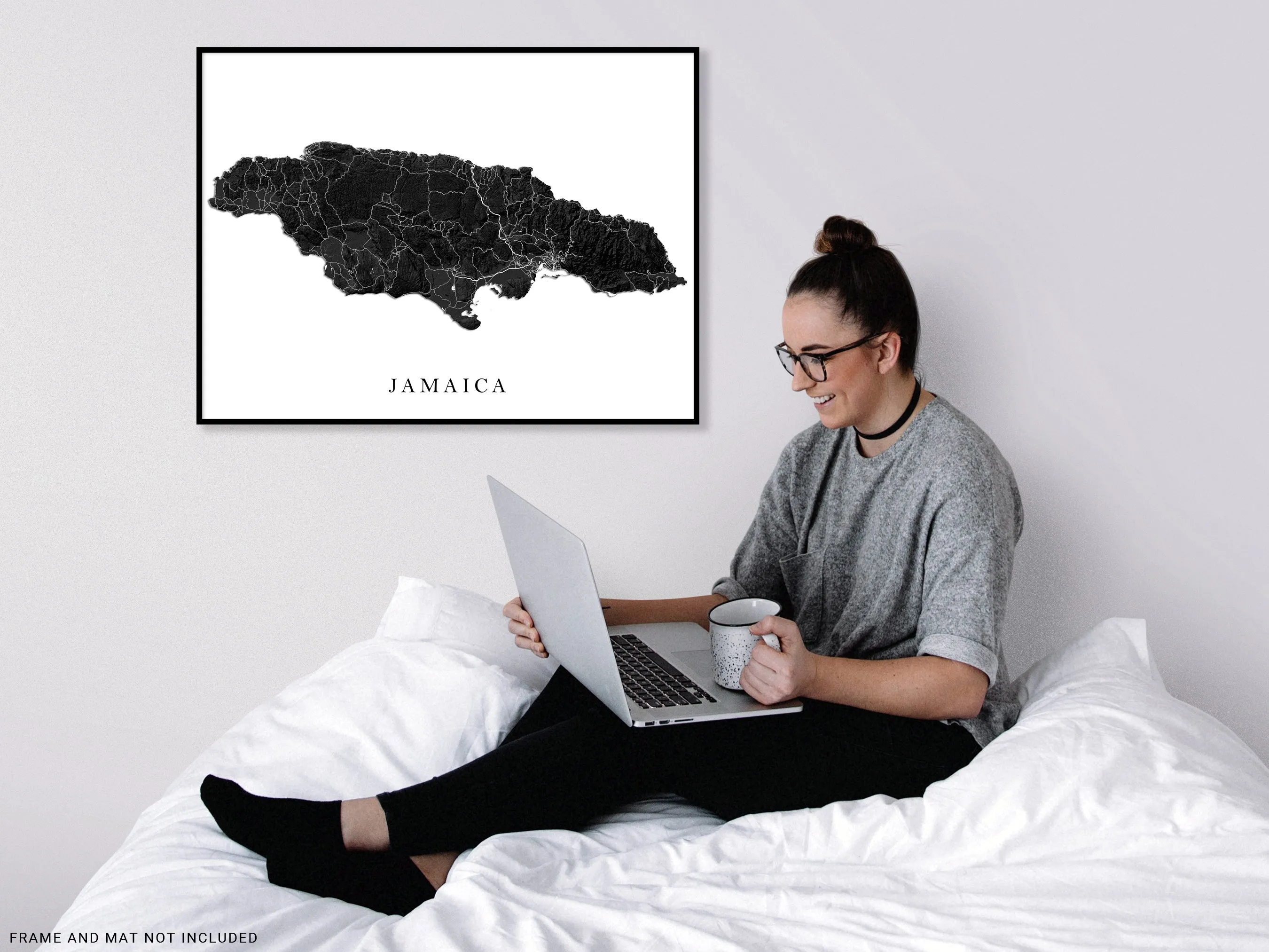 Jamaica Map Print Poster, Black and White Caribbean Island Wall Art Prints, Negril Kingston Ocho Rios Montego Bay