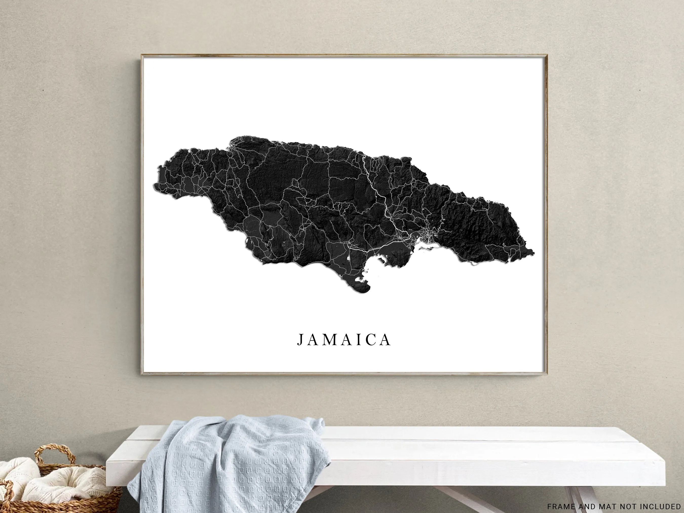 Jamaica Map Print Poster, Black and White Caribbean Island Wall Art Prints, Negril Kingston Ocho Rios Montego Bay