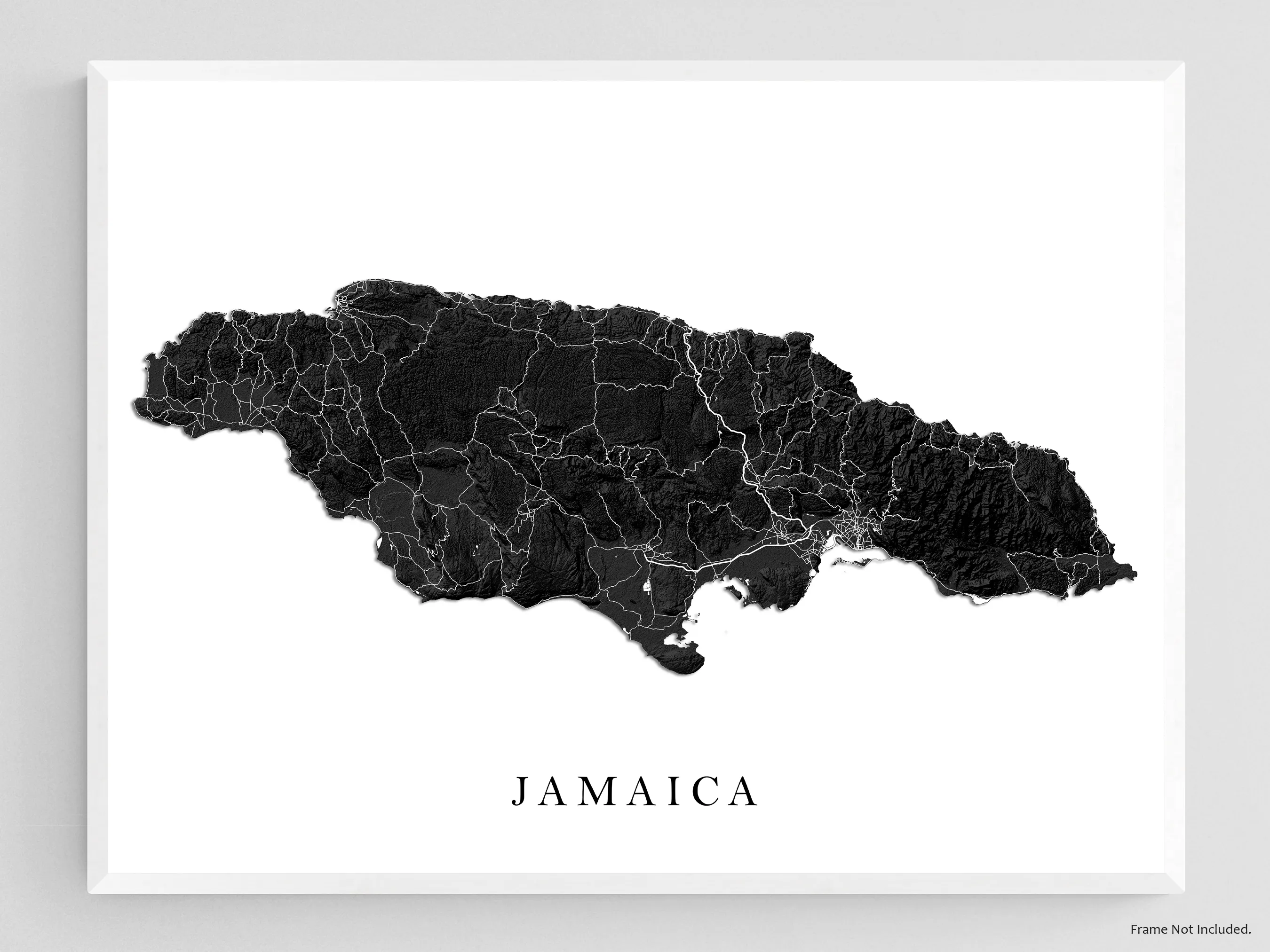 Jamaica Map Print Poster, Black and White Caribbean Island Wall Art Prints, Negril Kingston Ocho Rios Montego Bay