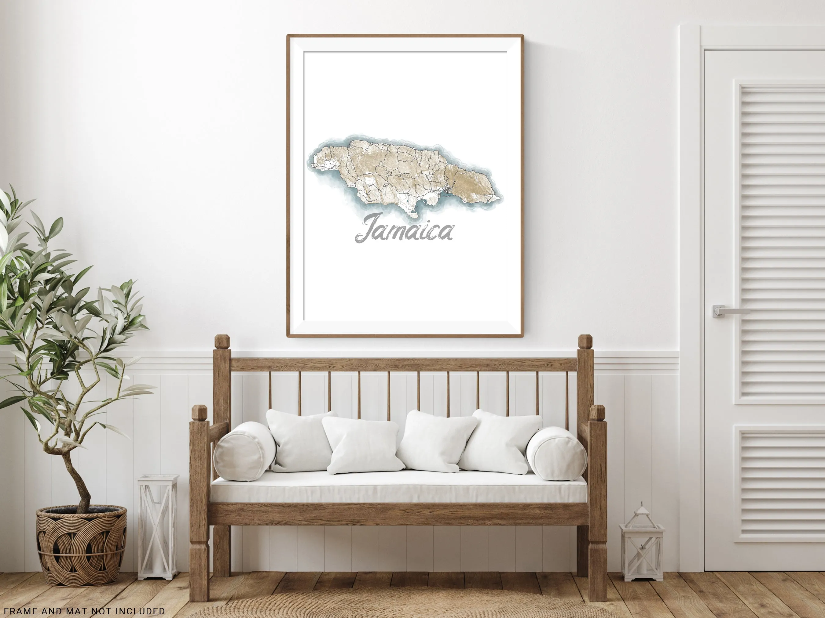 Jamaica Map Wall Art Print Poster, Caribbean Watercolor Style Contour Maps, Kingston Negril Montego Bay Ocho Rios