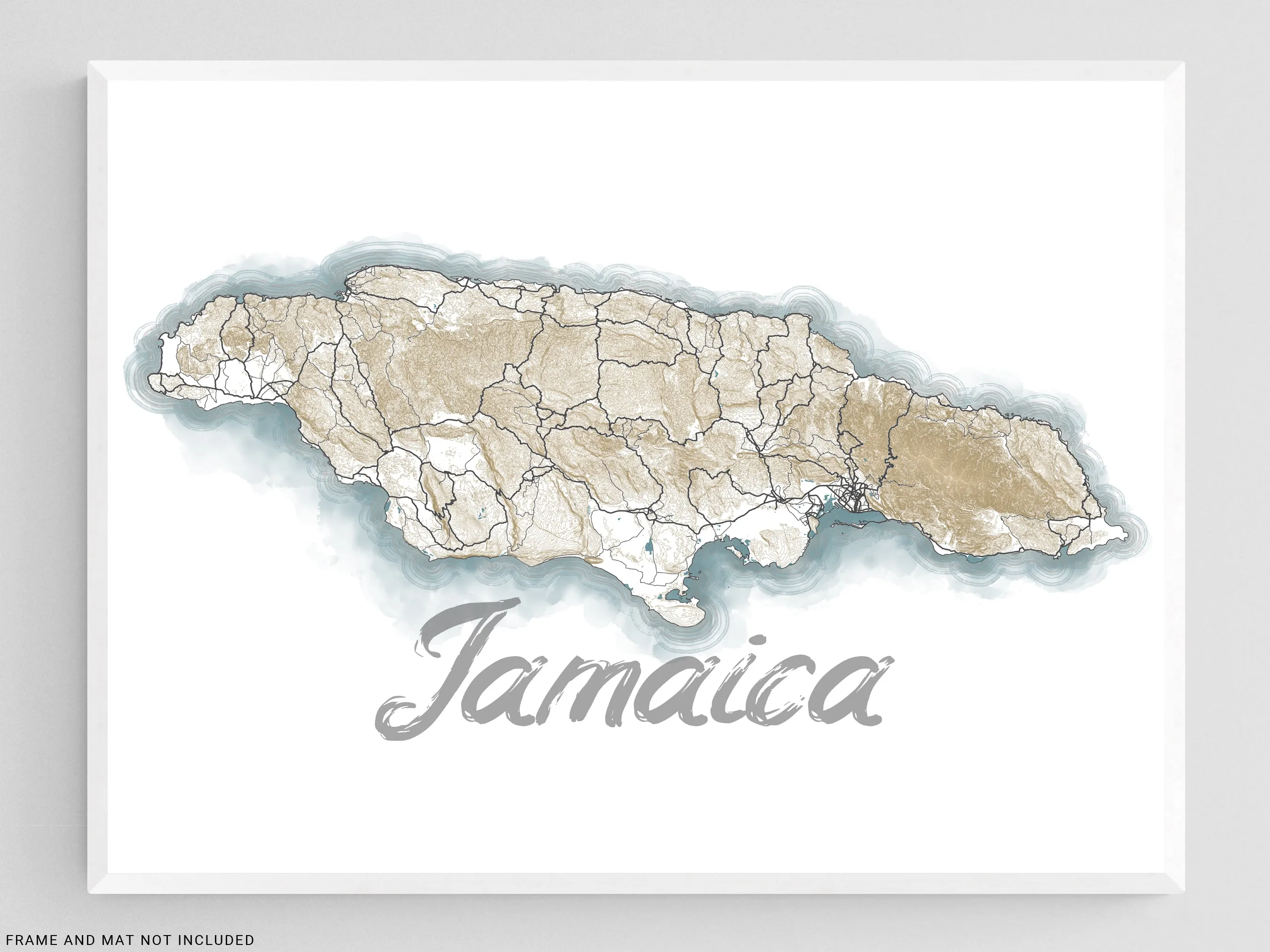 Jamaica Map Wall Art Print Poster, Caribbean Watercolor Style Contour Maps, Kingston Negril Montego Bay Ocho Rios