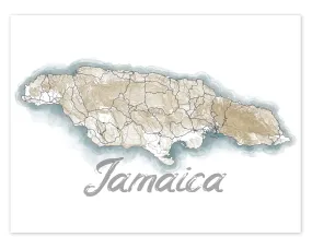 Jamaica Map Wall Art Print Poster, Caribbean Watercolor Style Contour Maps, Kingston Negril Montego Bay Ocho Rios
