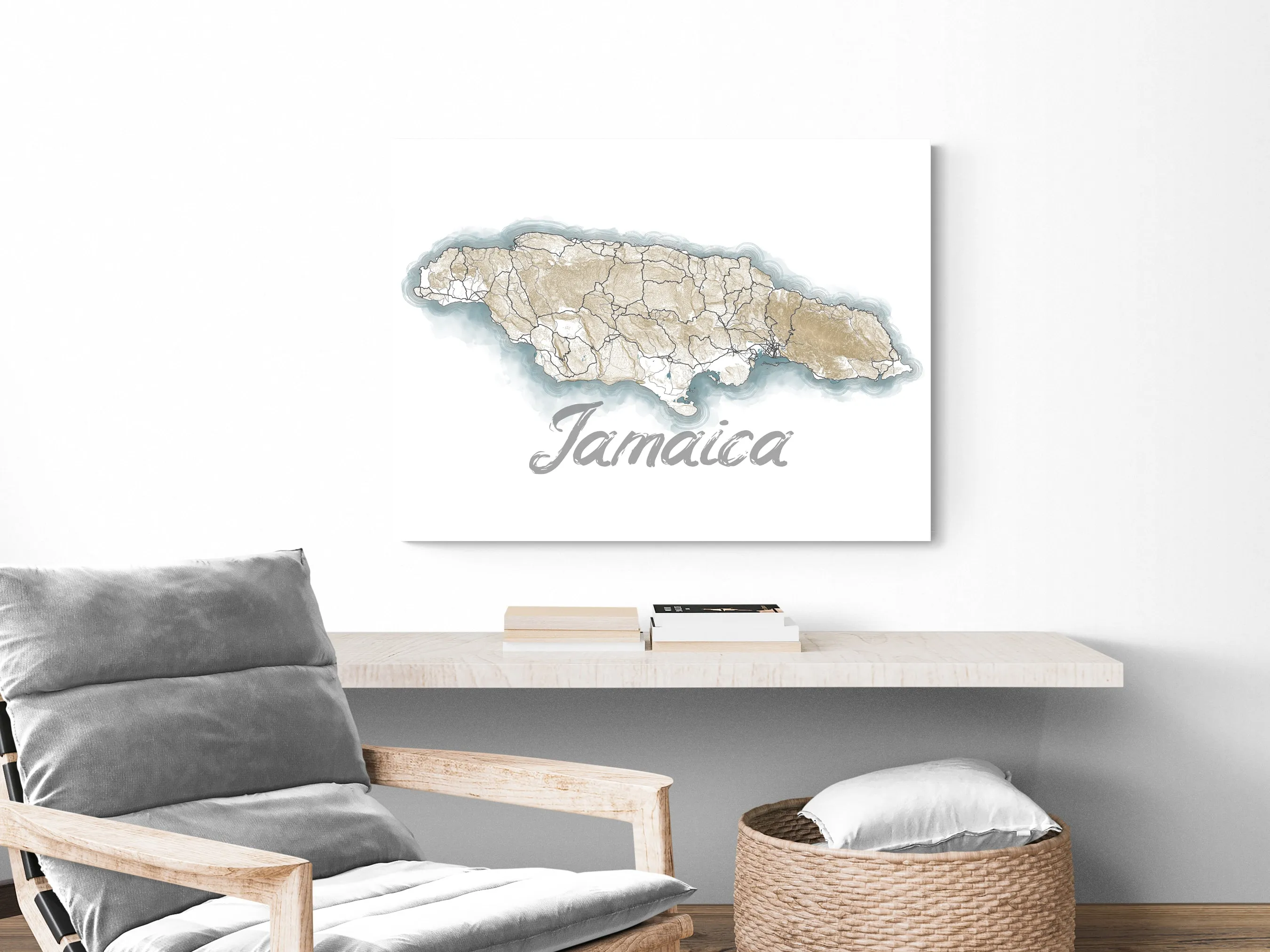 Jamaica Map Wall Art Print Poster, Caribbean Watercolor Style Contour Maps, Kingston Negril Montego Bay Ocho Rios