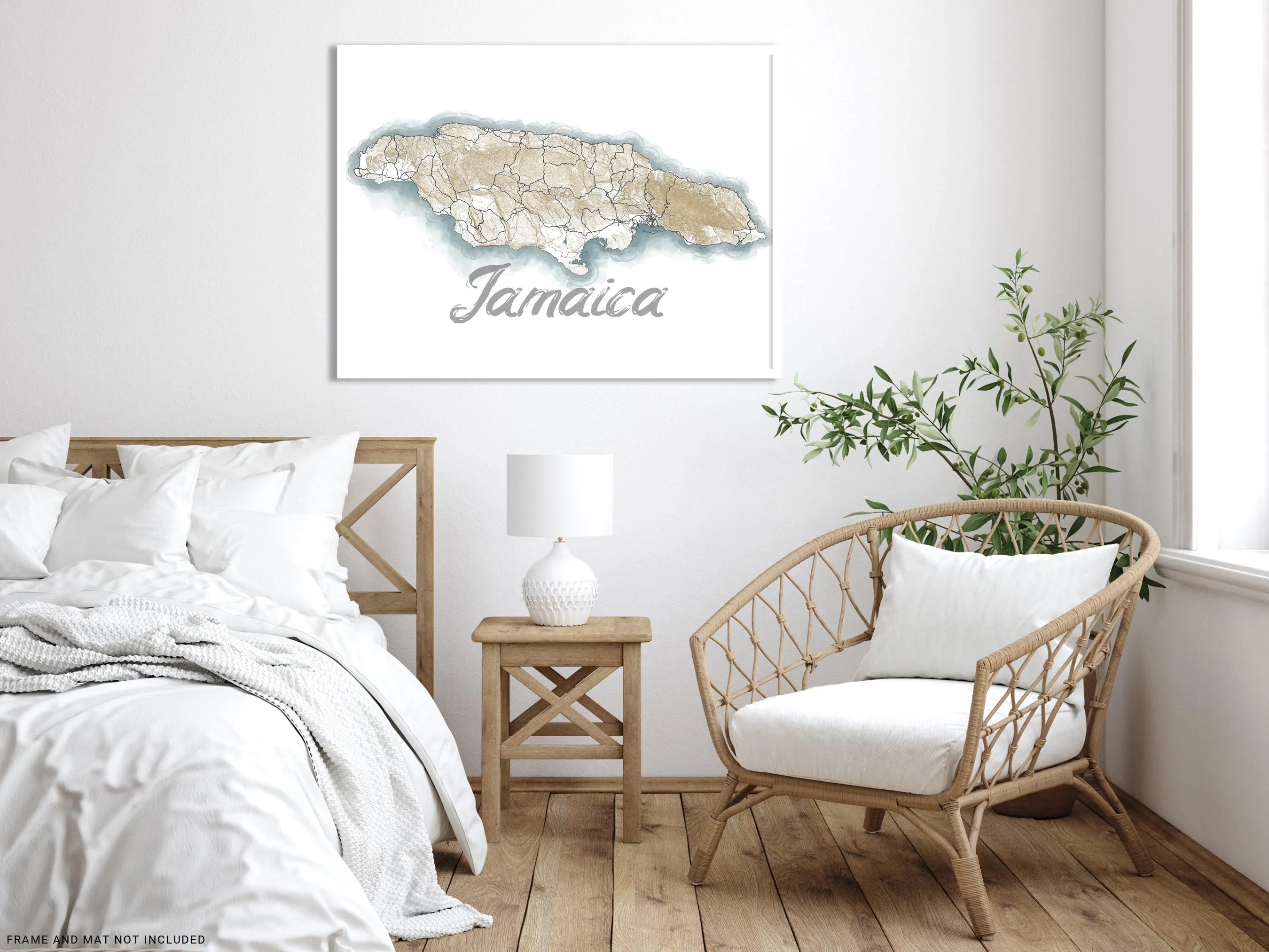 Jamaica Map Wall Art Print Poster, Caribbean Watercolor Style Contour Maps, Kingston Negril Montego Bay Ocho Rios